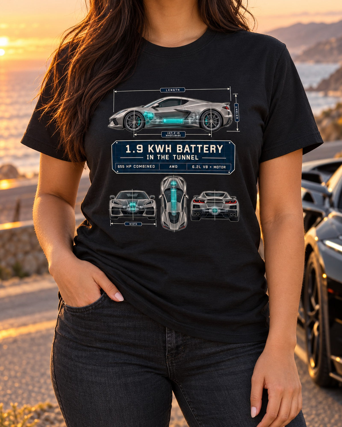 Corvette C8 E-Ray AWD Blueprint Shirt, 1.9 kWh Battery Tee T-Shirt Black worn hero