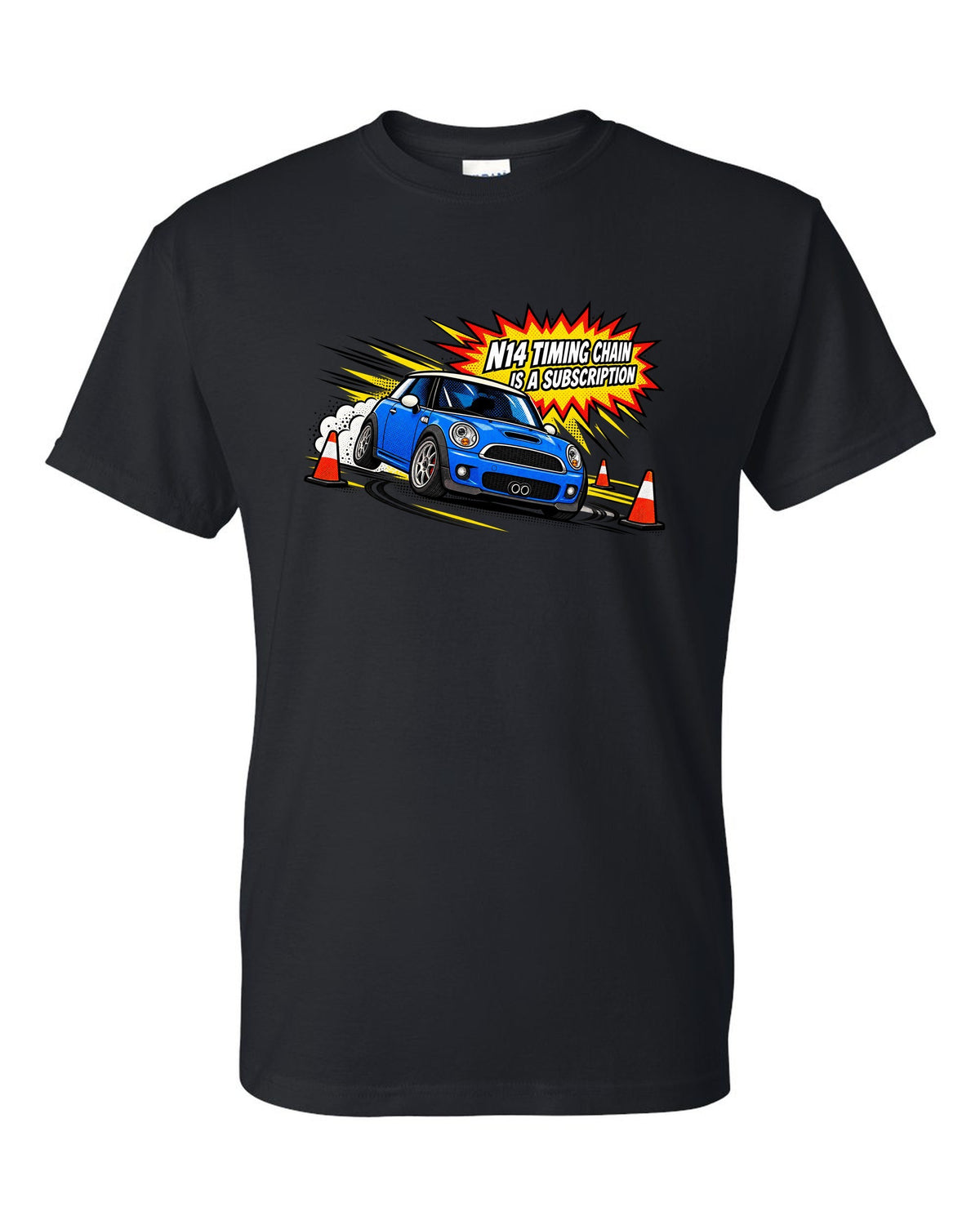 Comic halftone pop-art Mini Cooper S R56 with N14 timing chain joke black t-shirt front view with the design