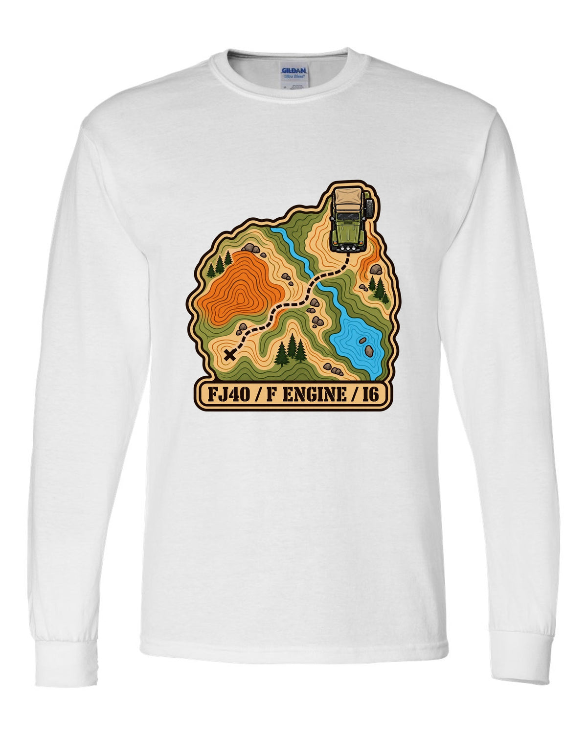 Topographic route map illustration of a Toyota Land Cruiser FJ40 with F engine I6 lettering white long sleeve front view with the design