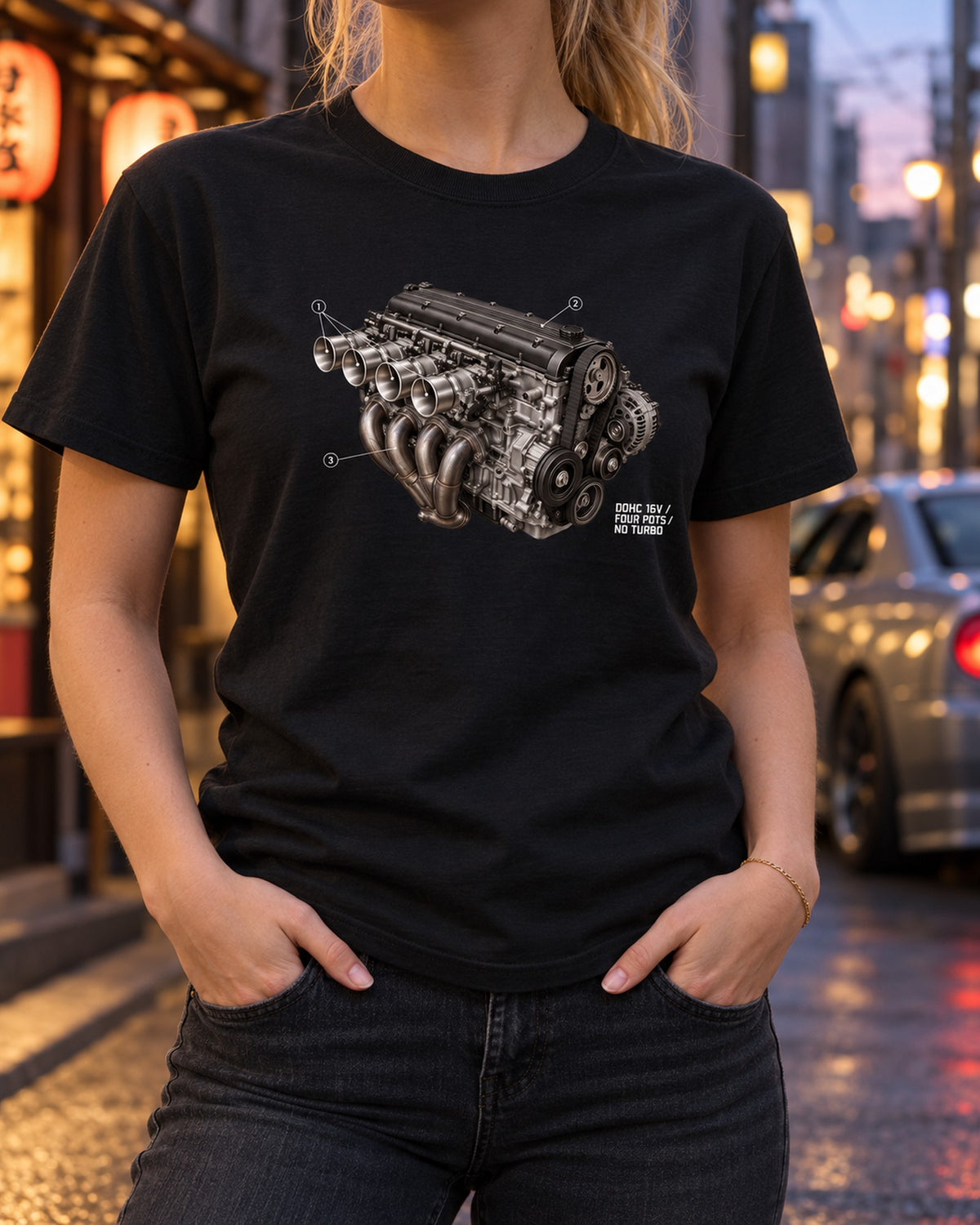 BMW E30 M3 S14 Engine Anatomy Shirt, DOHC 16V Four Pots T-Shirt Black worn hero