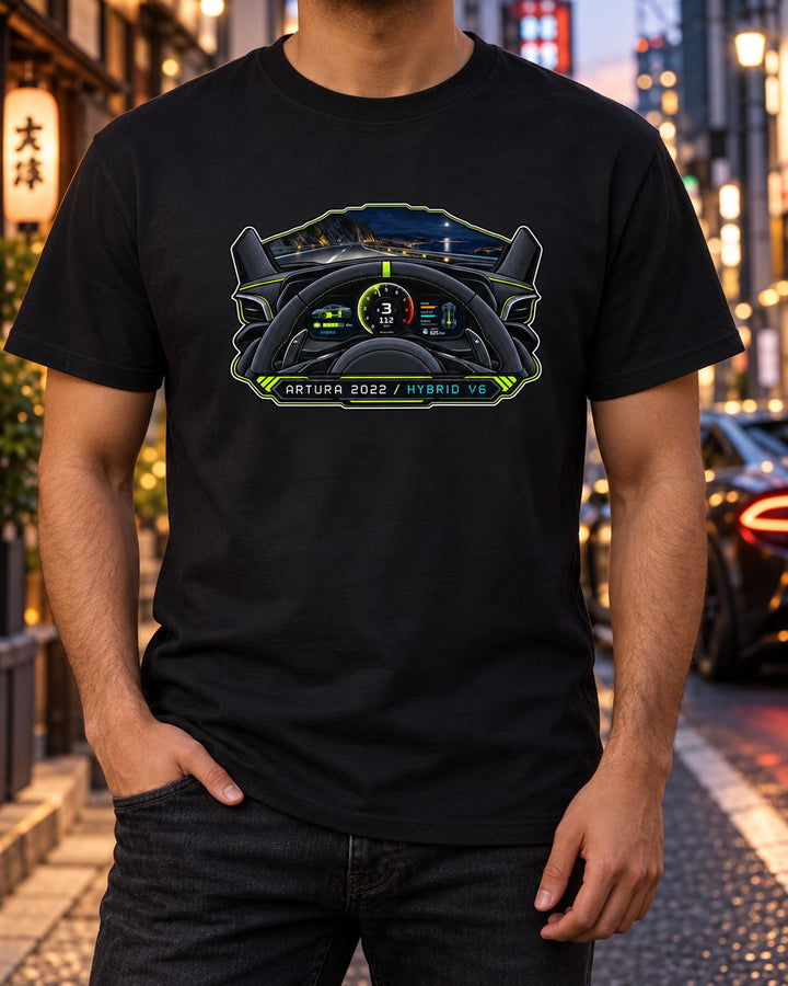 McLaren Artura 2022 Gauge Cluster Shirt, Hybrid V6 Car Tee T-Shirt Black worn hero