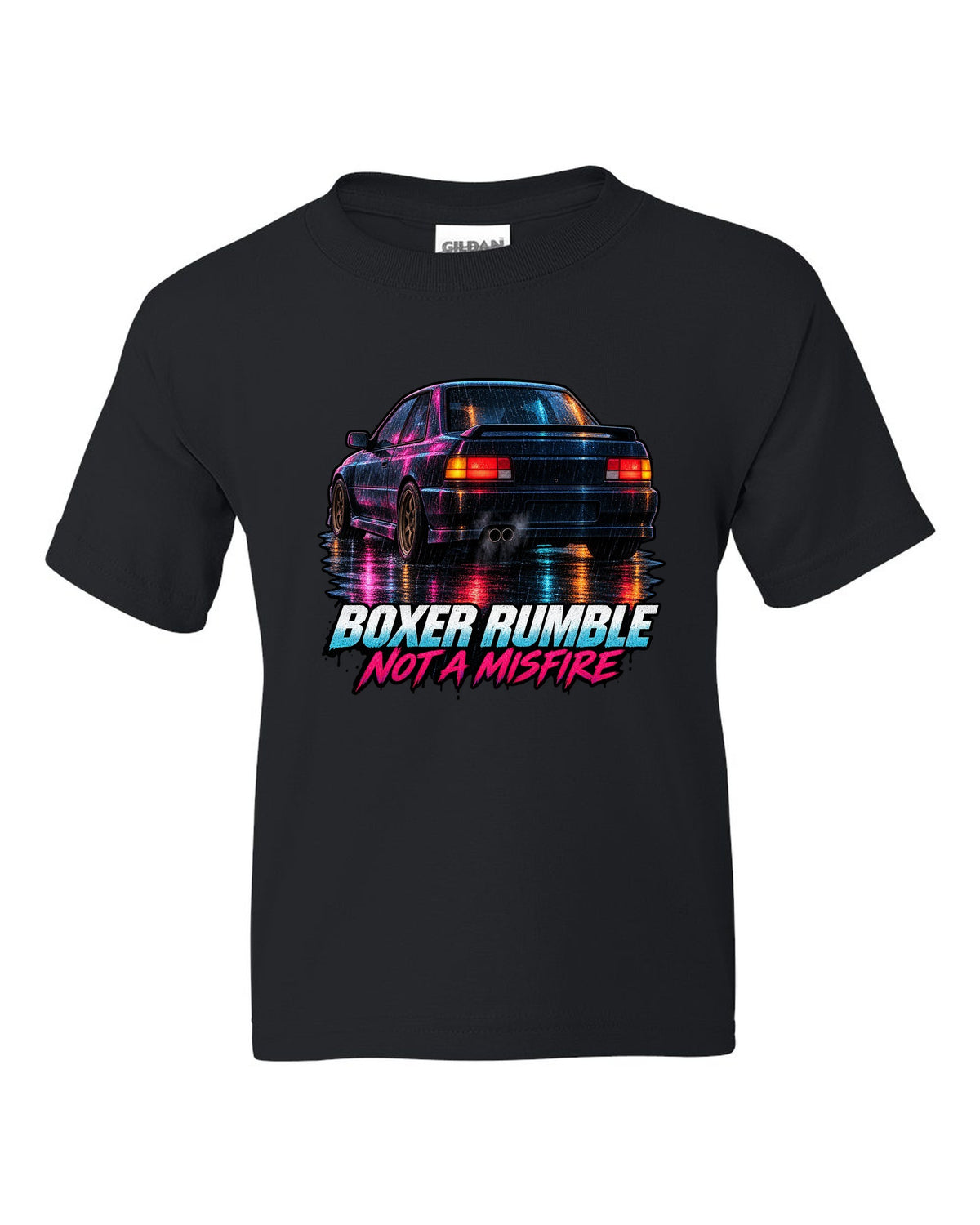 Painterly night scene of a Subaru Impreza WRX GC8 coupe with wet taillight reflections black kids tee front view with the design
