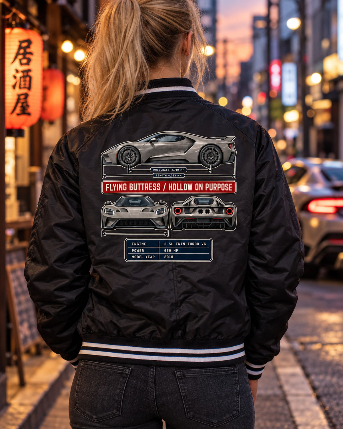Ford GT 2019 Three-View Spec Table Tee, Flying Buttress Shirt Bomber Jacket Black worn hero