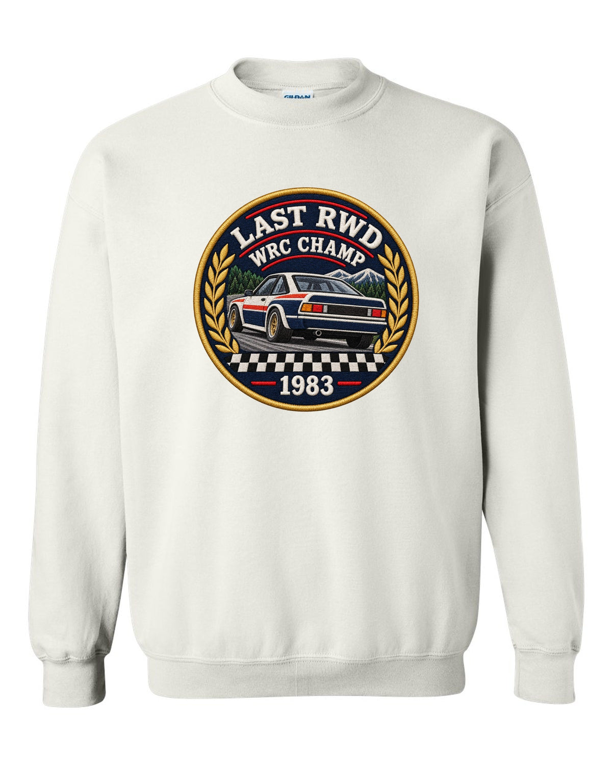 Embroidery patch style print of a 1983 Lancia Rally 037 with Last RWD WRC Champ lettering white crewneck front view with the design