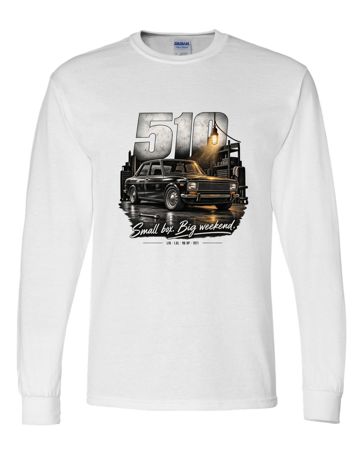 Garage night print of a Datsun 510 sedan with L16 1.6L 96 HP text white long sleeve front view with the design
