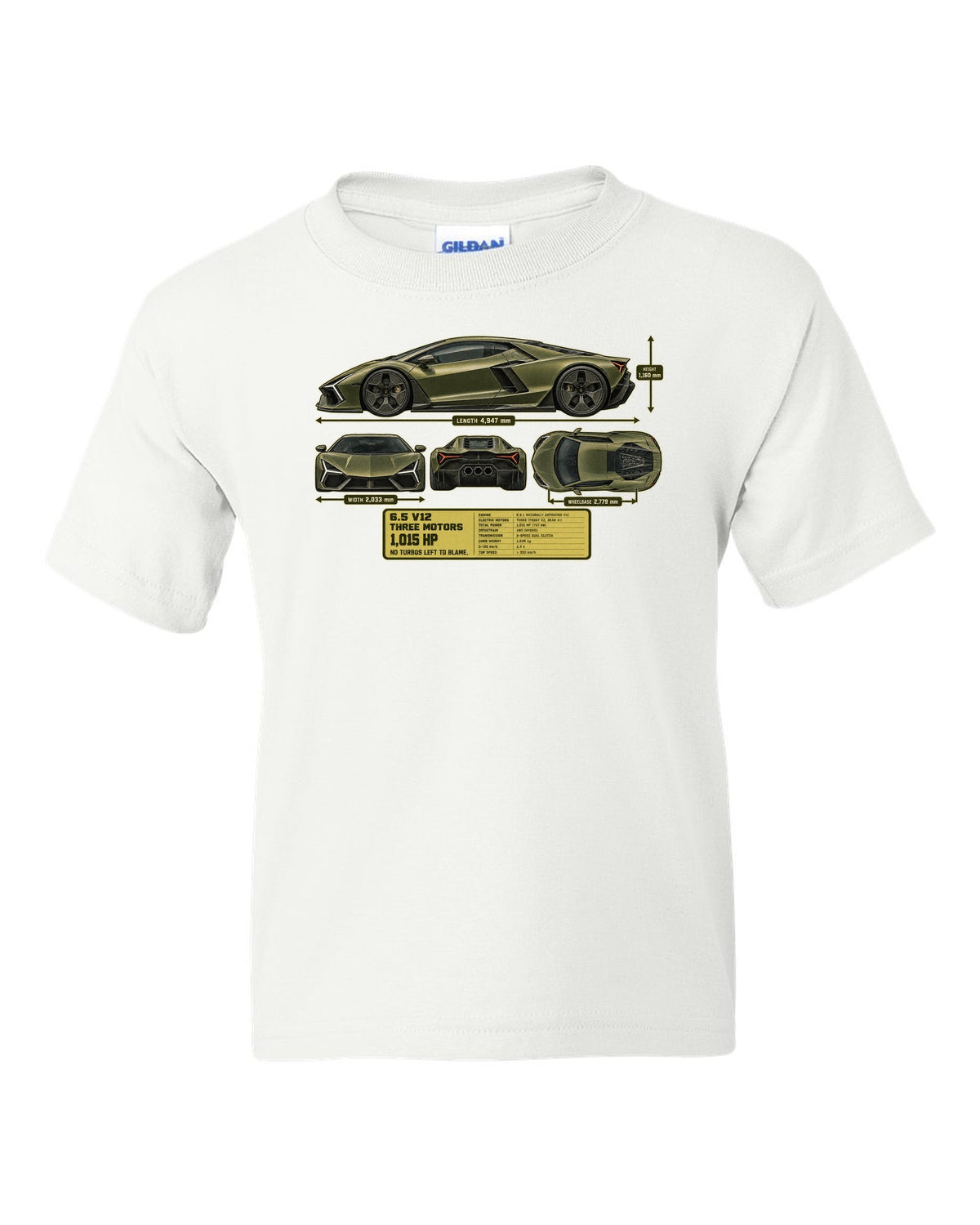 print dimension blueprint of a Lamborghini Revuelto in olive-grey white kids tee front view with the design