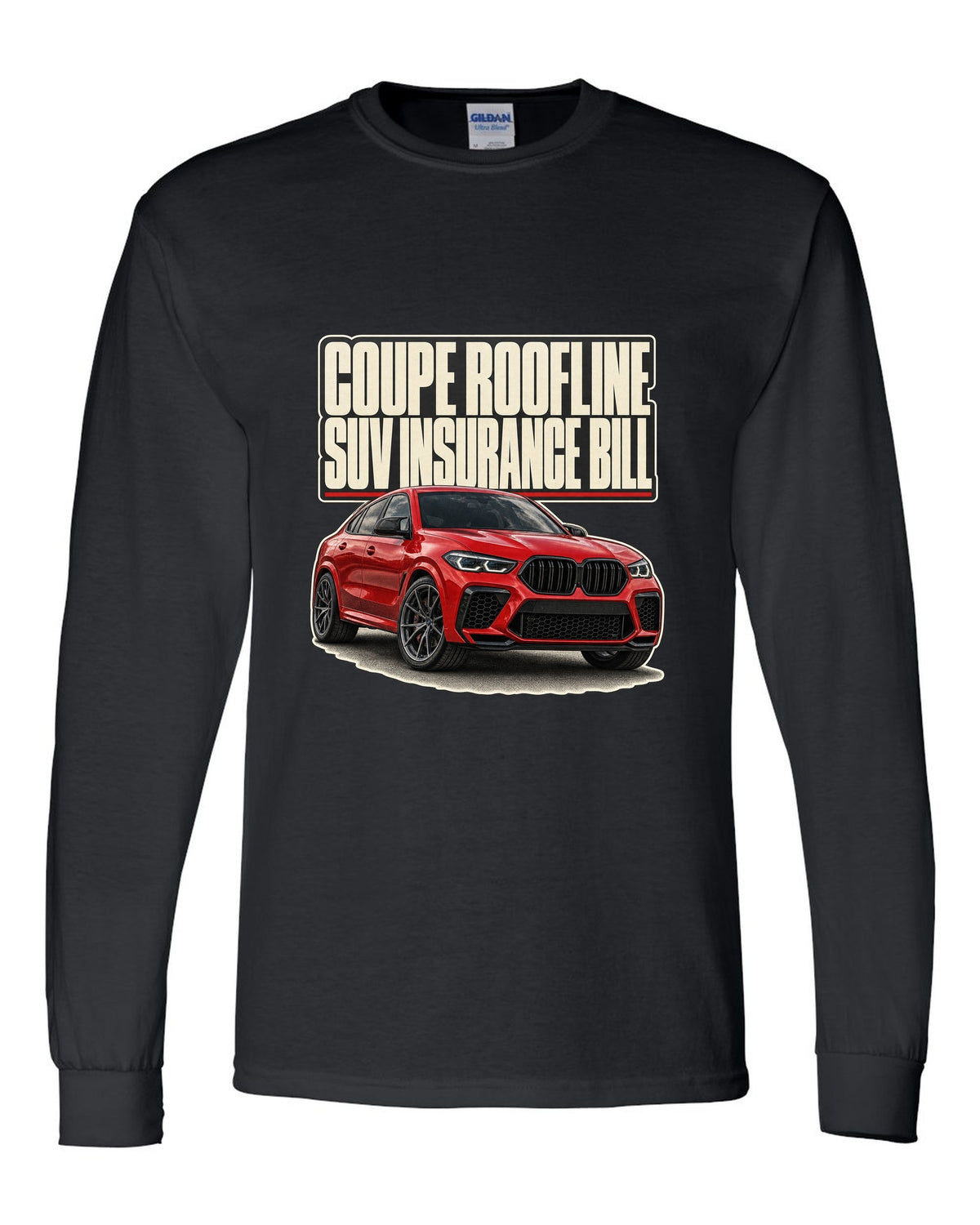 BMW X6 M Competition F96 editorial headline print on a tee black long sleeve front view with the design