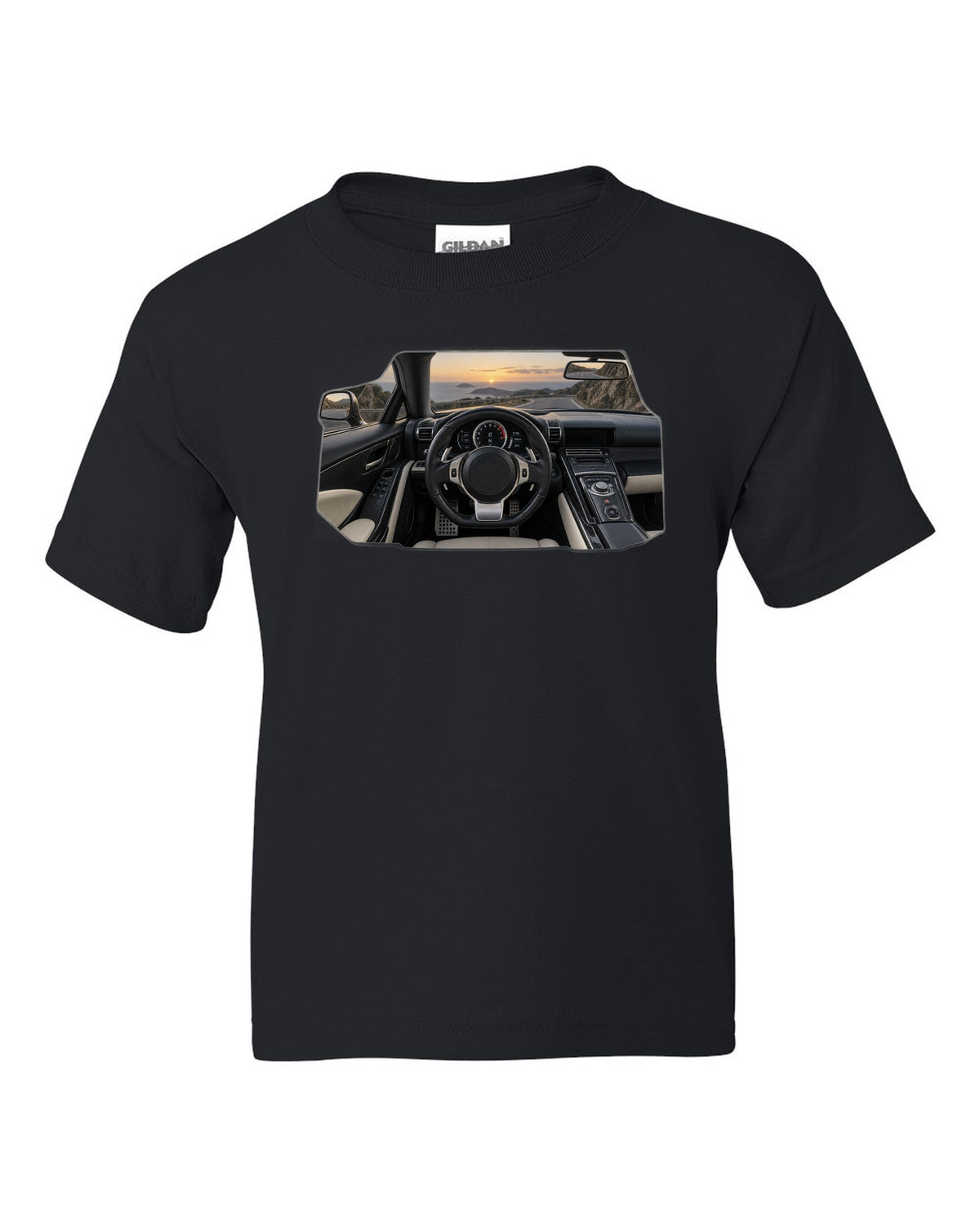Three-view drawing and spec table of the Lexus LFA Nurburgring Package black kids tee front view with the design