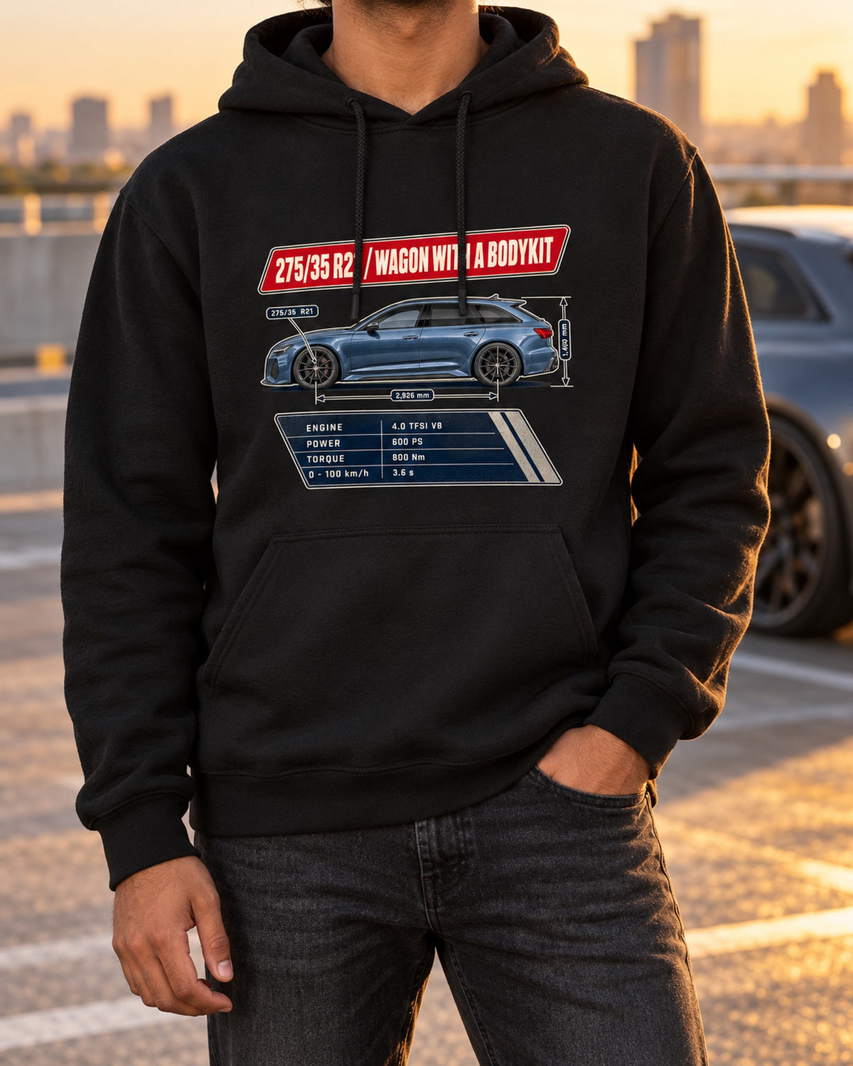 Audi RS6 Avant C8 Spec Poster Shirt, 275/35 R21 Wagon Tee Pull Over Hoodie Black worn hero