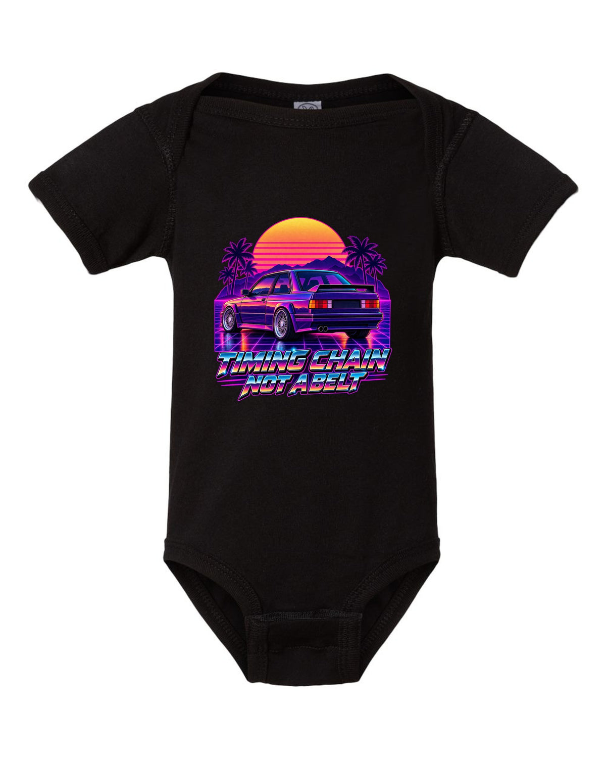 Synthwave outrun illustration of a BMW E30 M3 taillights at dusk with timing chain text black baby onesie front view with the design
