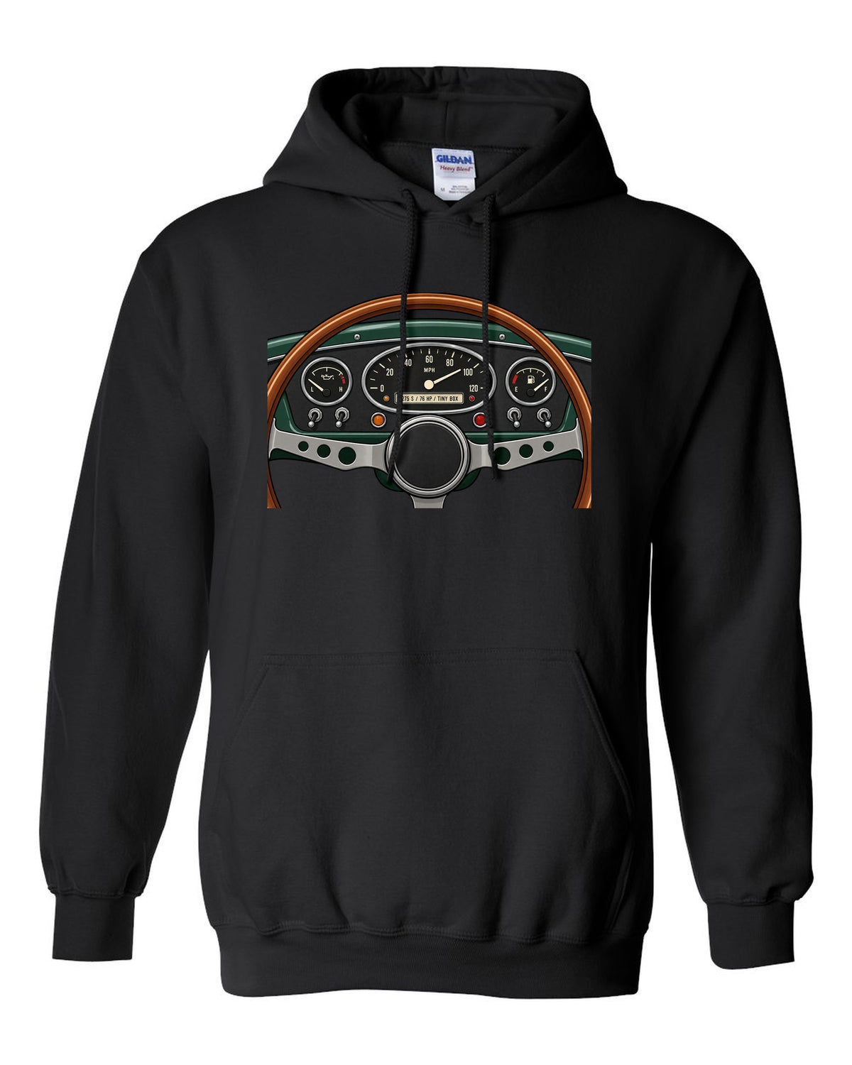 Gauge cluster readout for a classic Mini Cooper S with 1275 S and 76 HP black pull over hoodie front view with the design