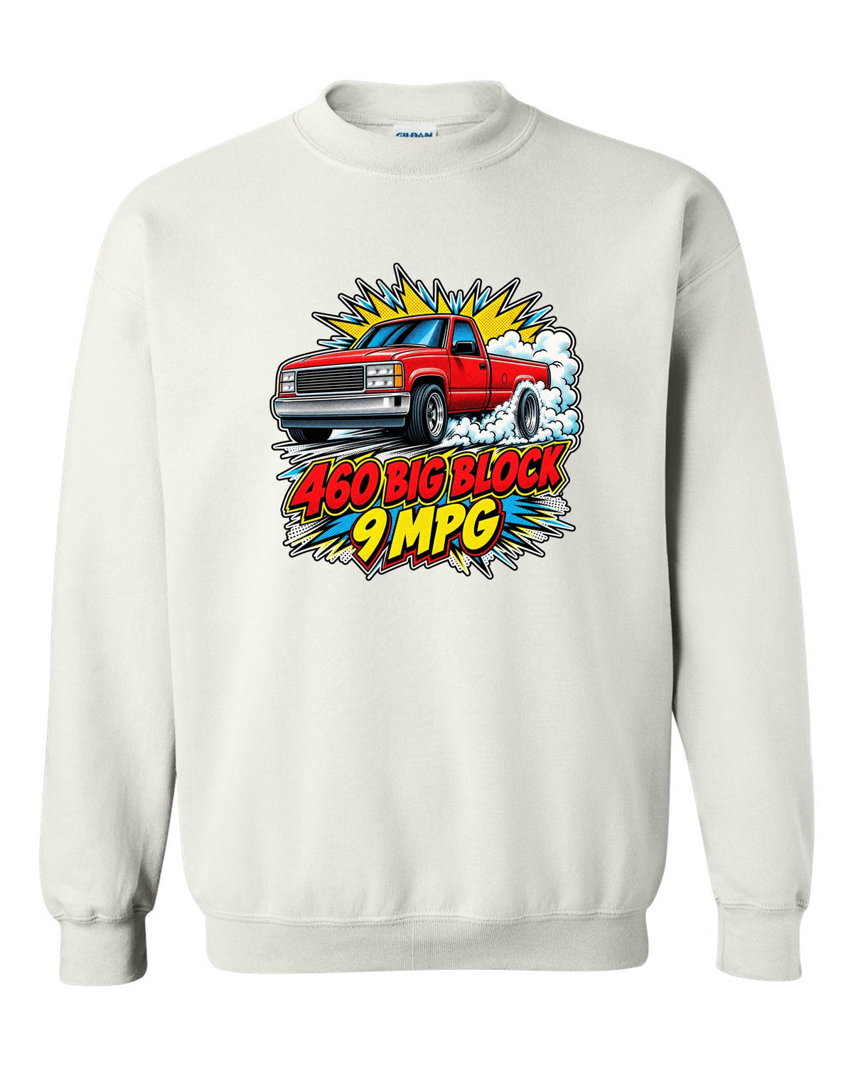 Comic halftone pop-art print of a 1992-97 Ford F-150 OBS burnout with 460 big block text white crewneck front view with the design
