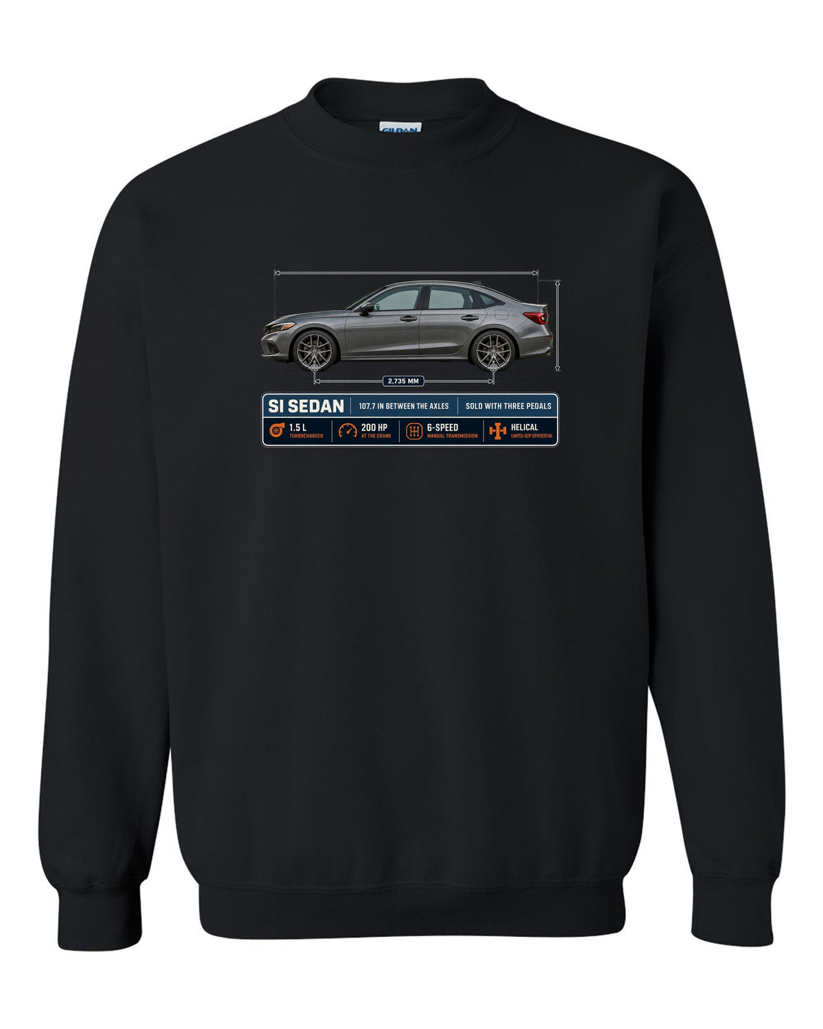 Civic Si FE1 Sedan Dimension Blueprint black crewneck front view with the design