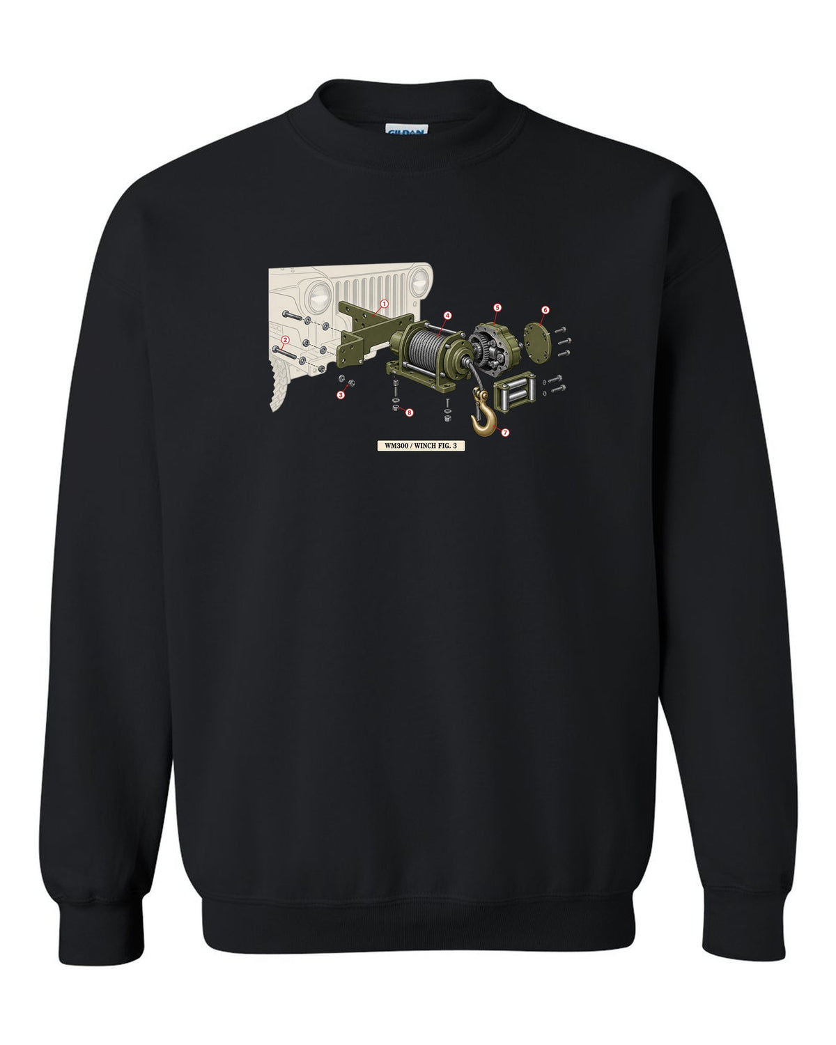 Exploded diagram print of a Dodge Power Wagon WM300 front winch labelled Fig. 3 black crewneck front view with the design