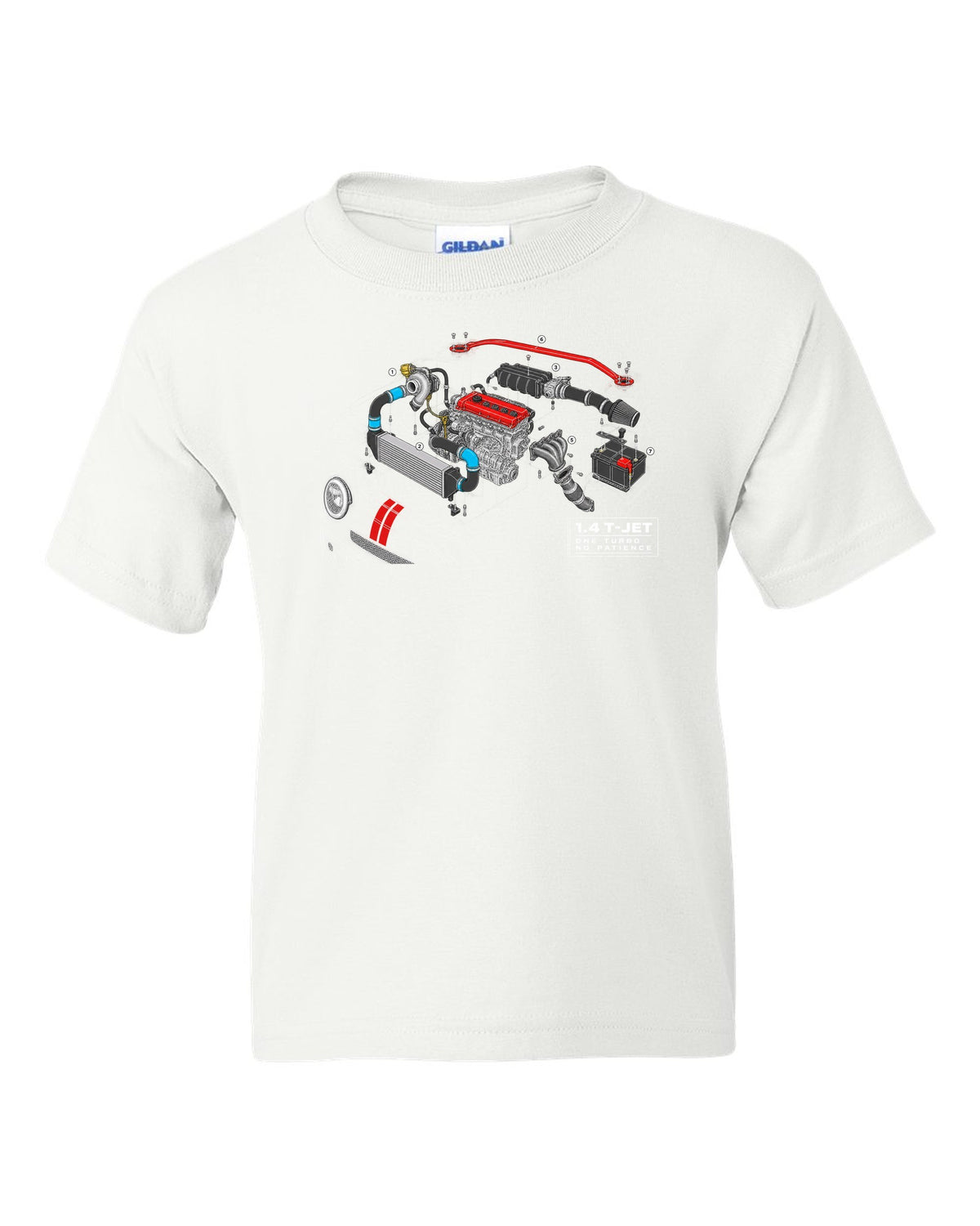Exploded cutaway engine blueprint of the Abarth 695 1.4 T-Jet white kids tee front view with the design