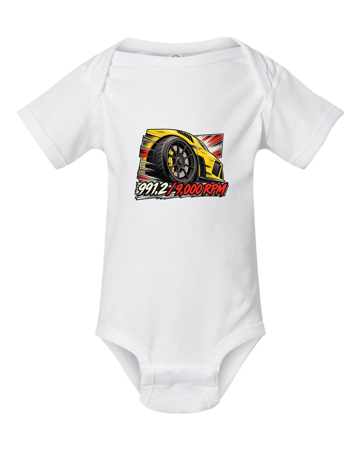Porsche 991.2 GT3 RS retro manga panel with centre lock wheel and 9,000 RPM text white baby onesie front view with the design