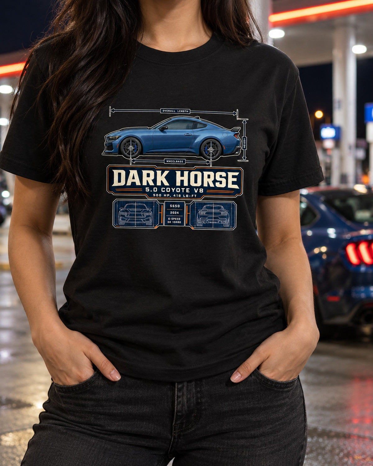 Ford Mustang S650 Dark Horse Dimension Blueprint Shirt, Coyote V8 T-Shirt Black worn hero