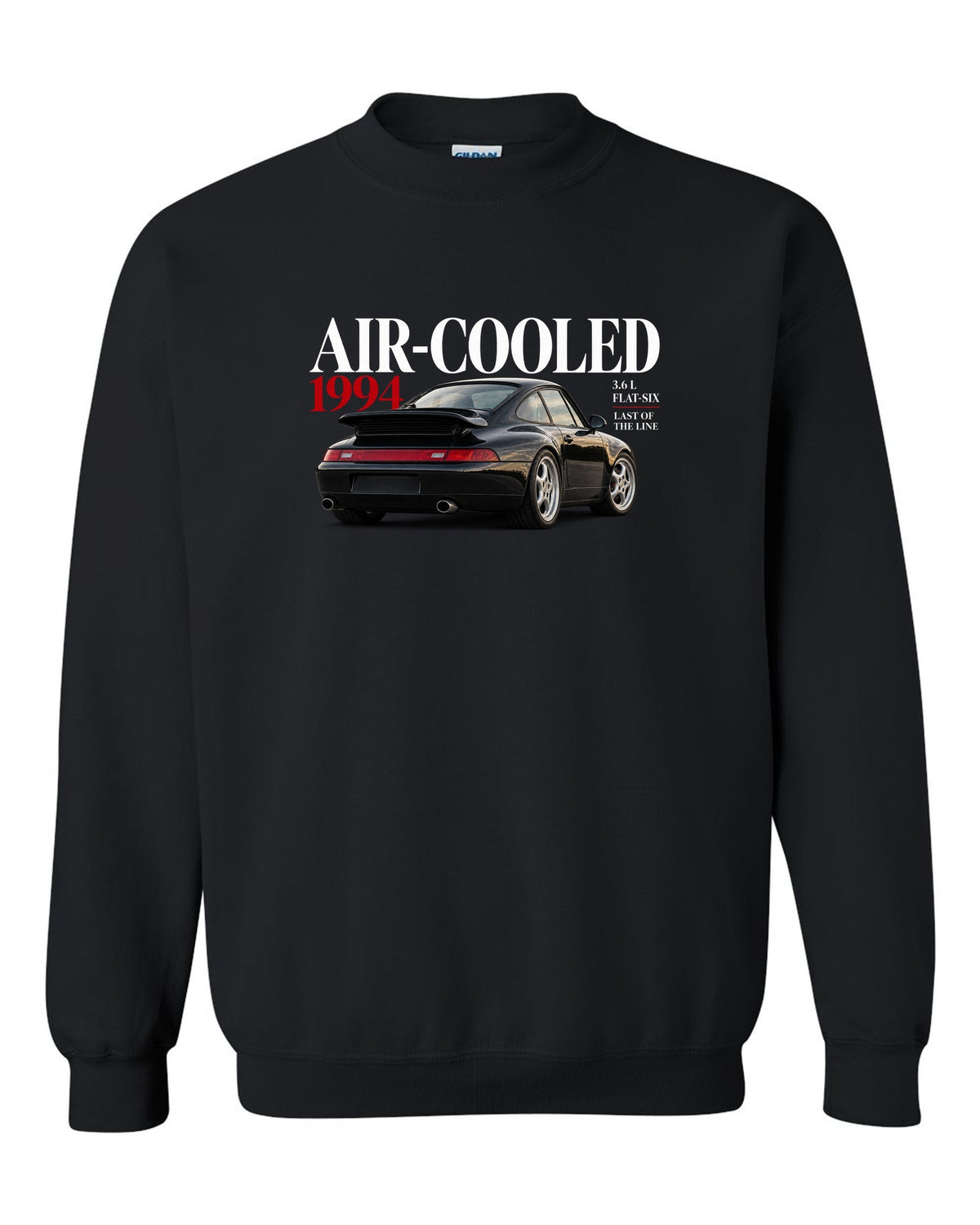 Editorial print of a Porsche 911 993 Carrera coupe with Air-Cooled 1994 3.6 L flat-six lettering black crewneck front view with the design