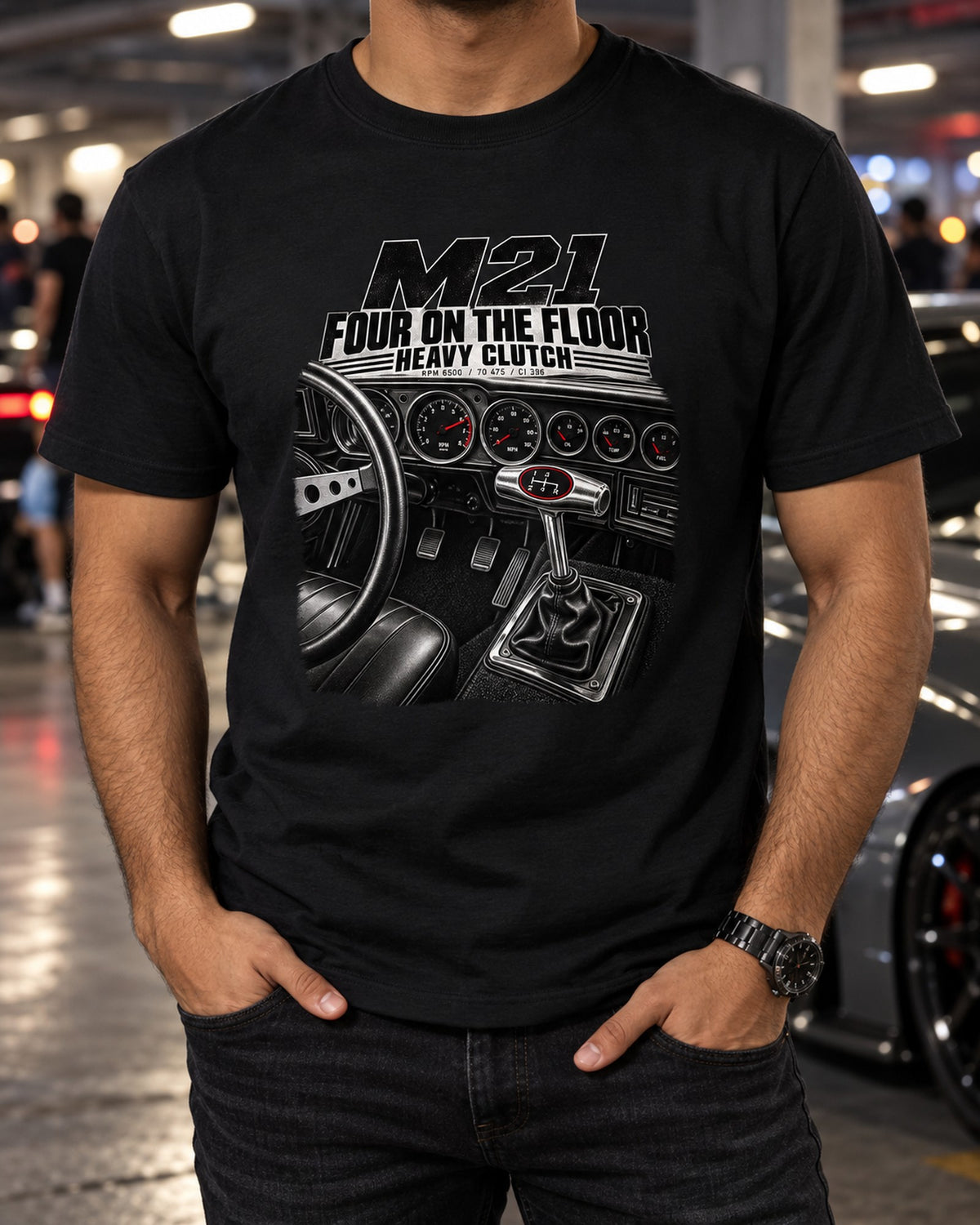 Nova SS 1970 Muncie M21 Four-Speed Shifter Cockpit Tee T-Shirt Black worn hero
