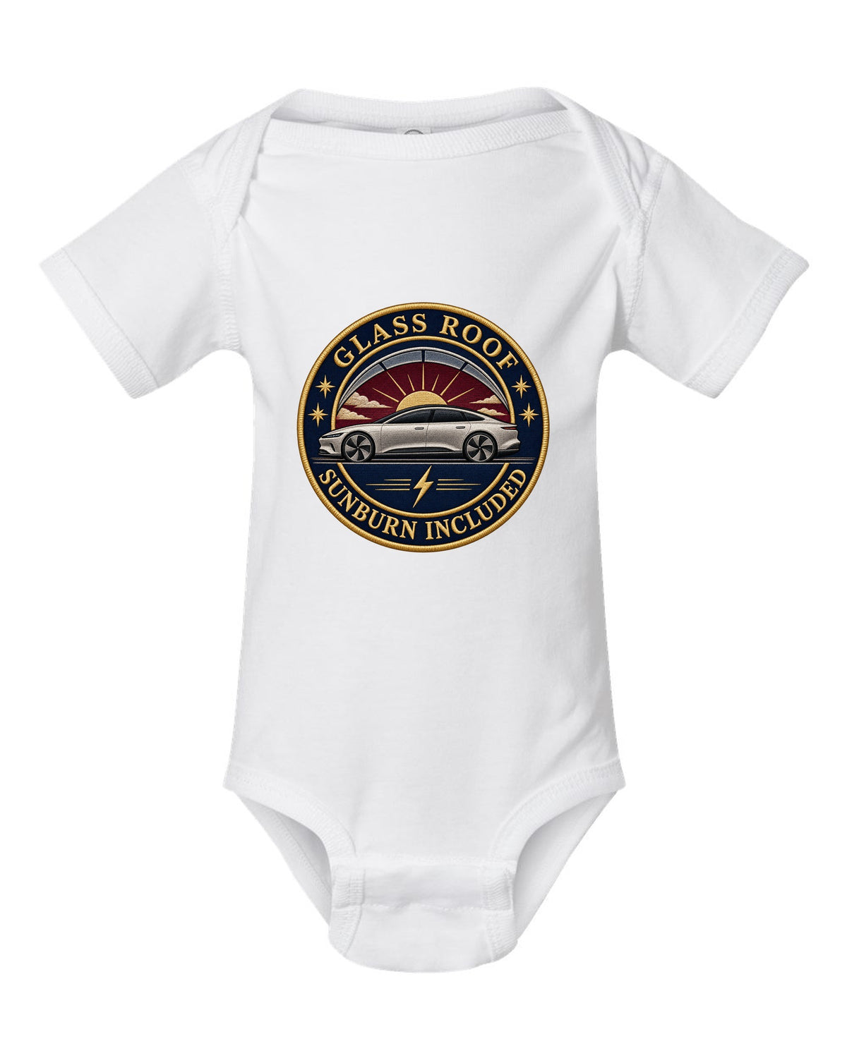 Lucid Air Sapphire round embroidery-style crest print with the text glass roof sunburn included white baby onesie front view with the design