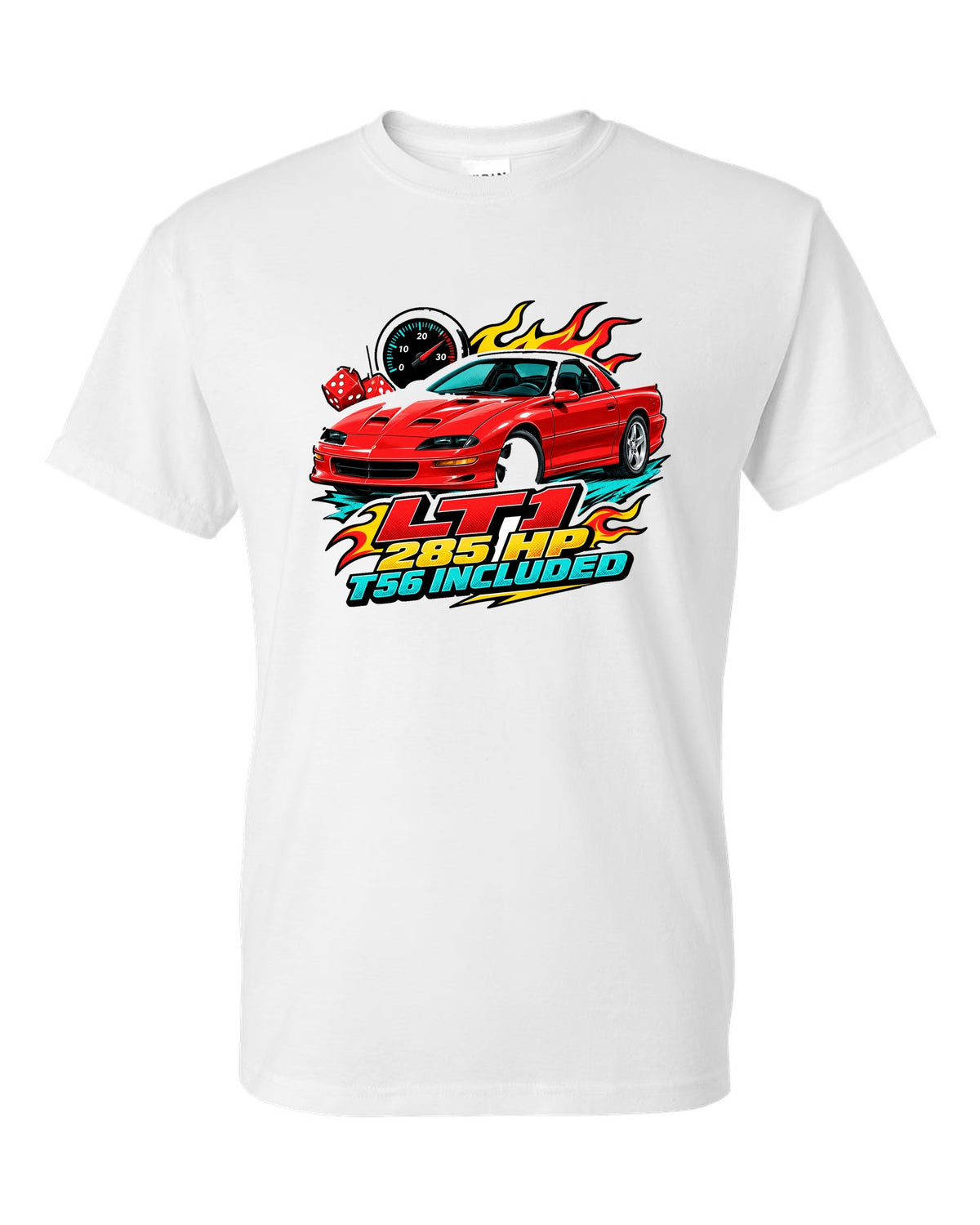 1996 Chevrolet Camaro Z28 LT1 sticker-bomb collage print with 285 HP T56 text white t-shirt front view with the design