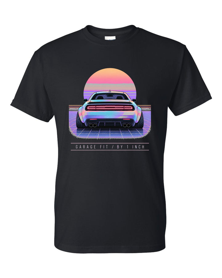Vaporwave pastel print of a 2021 Dodge Challenger Scat Pack Widebody with garage fit text black t-shirt front view with the design