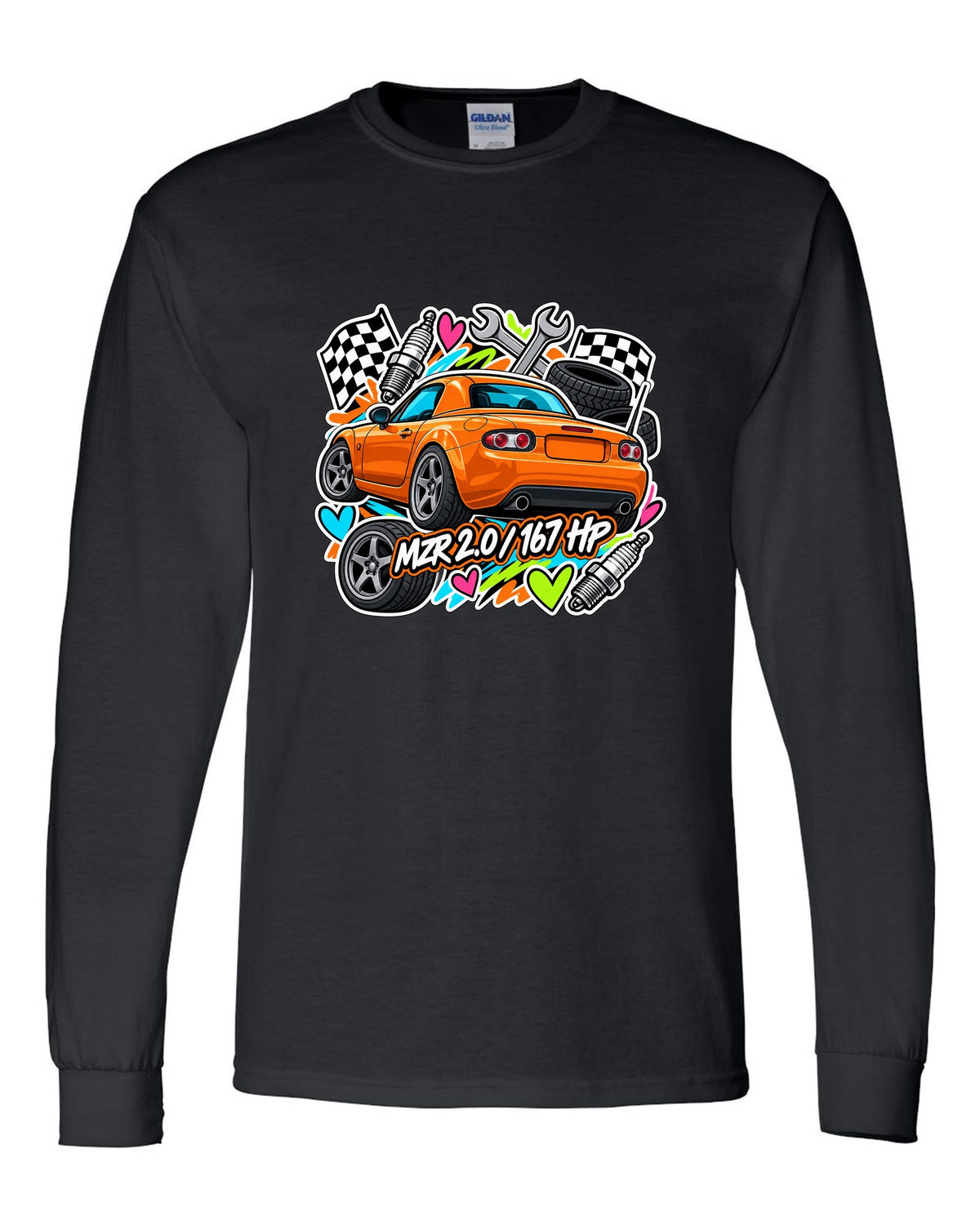 Mazda MX-5 NA6CE Cyanotype Blueprint black long sleeve front view with the design