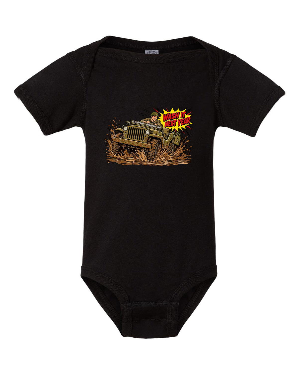 Comic halftone pop-art print of a Willys MB splashing mud with wash it next year text black baby onesie front view with the design