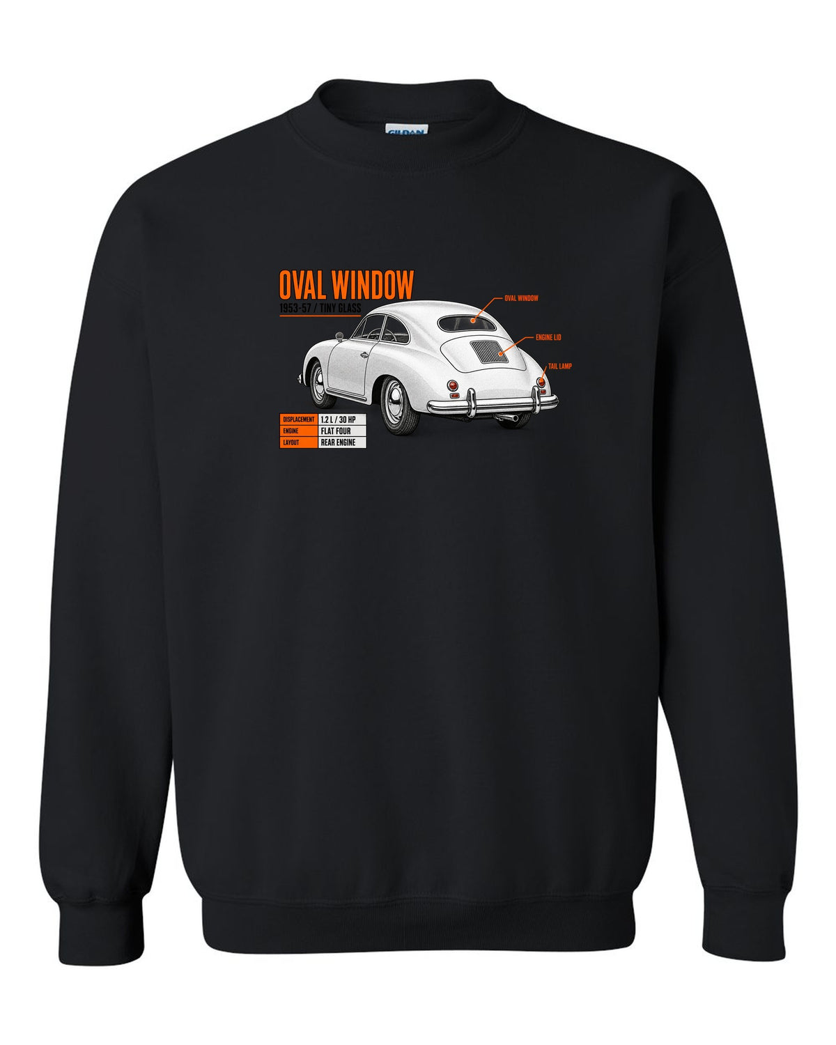Spec poster print of a VW Beetle oval-window rear three-quarter with 1953-57 text black crewneck front view with the design