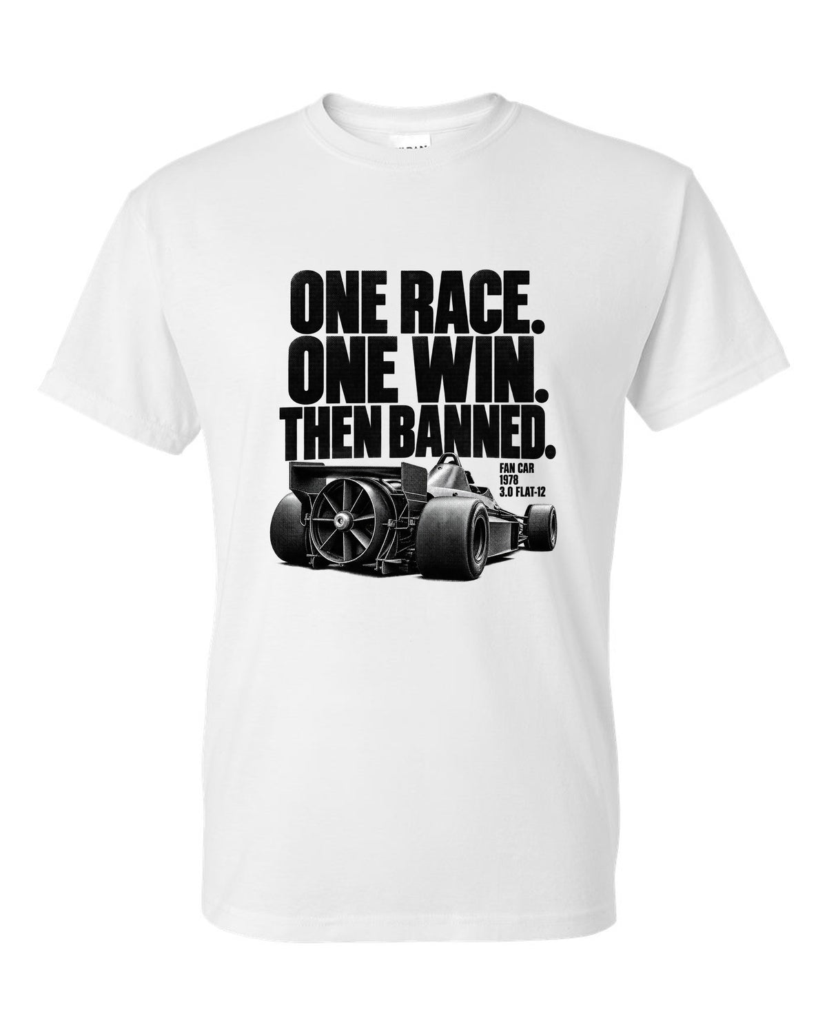 Brabham BT46B fan car halftone print with one race one win text white t-shirt front view with the design