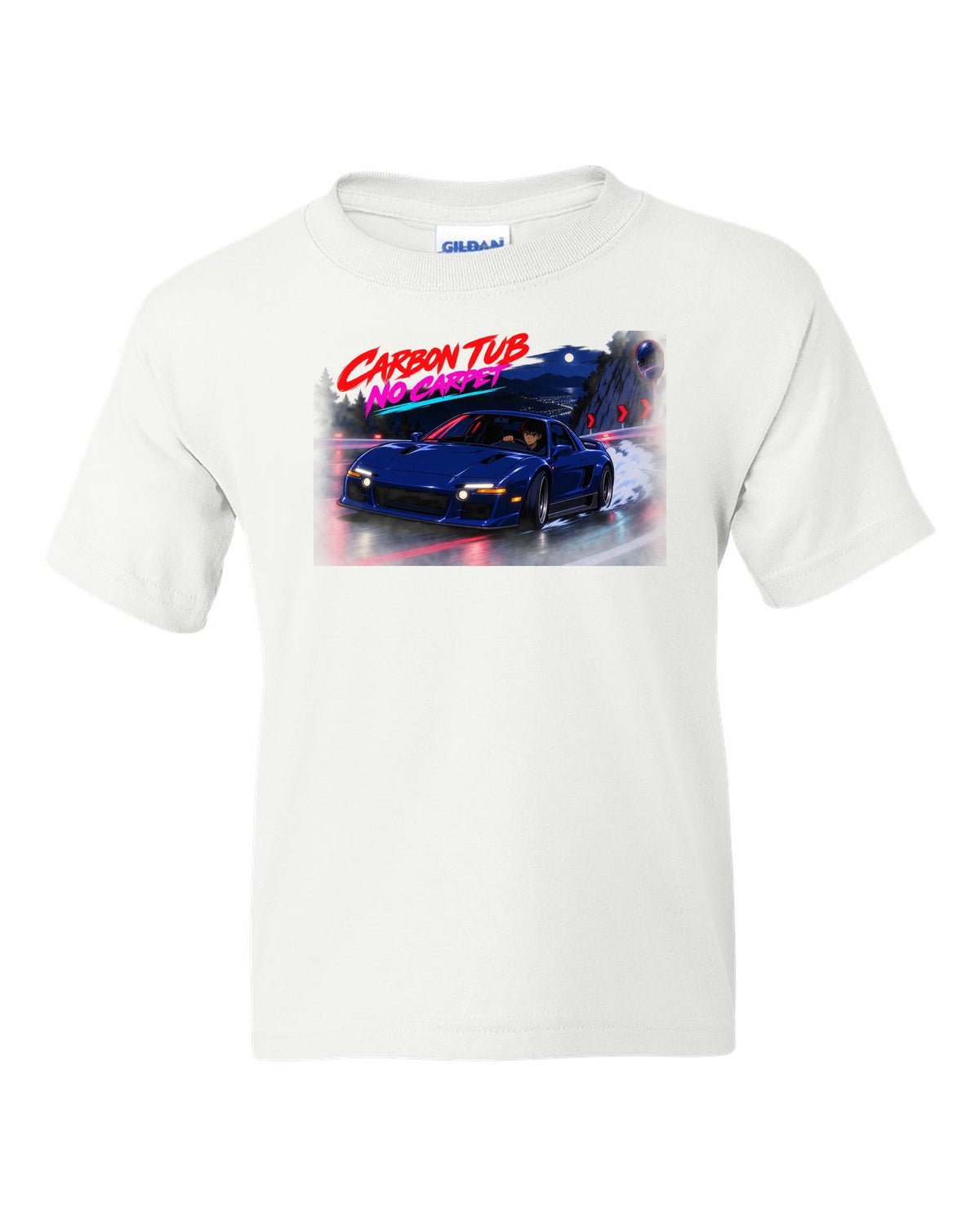 Cel-shaded anime night touge scene with an Alfa Romeo 4C and carbon tub no carpet text white kids tee front view with the design