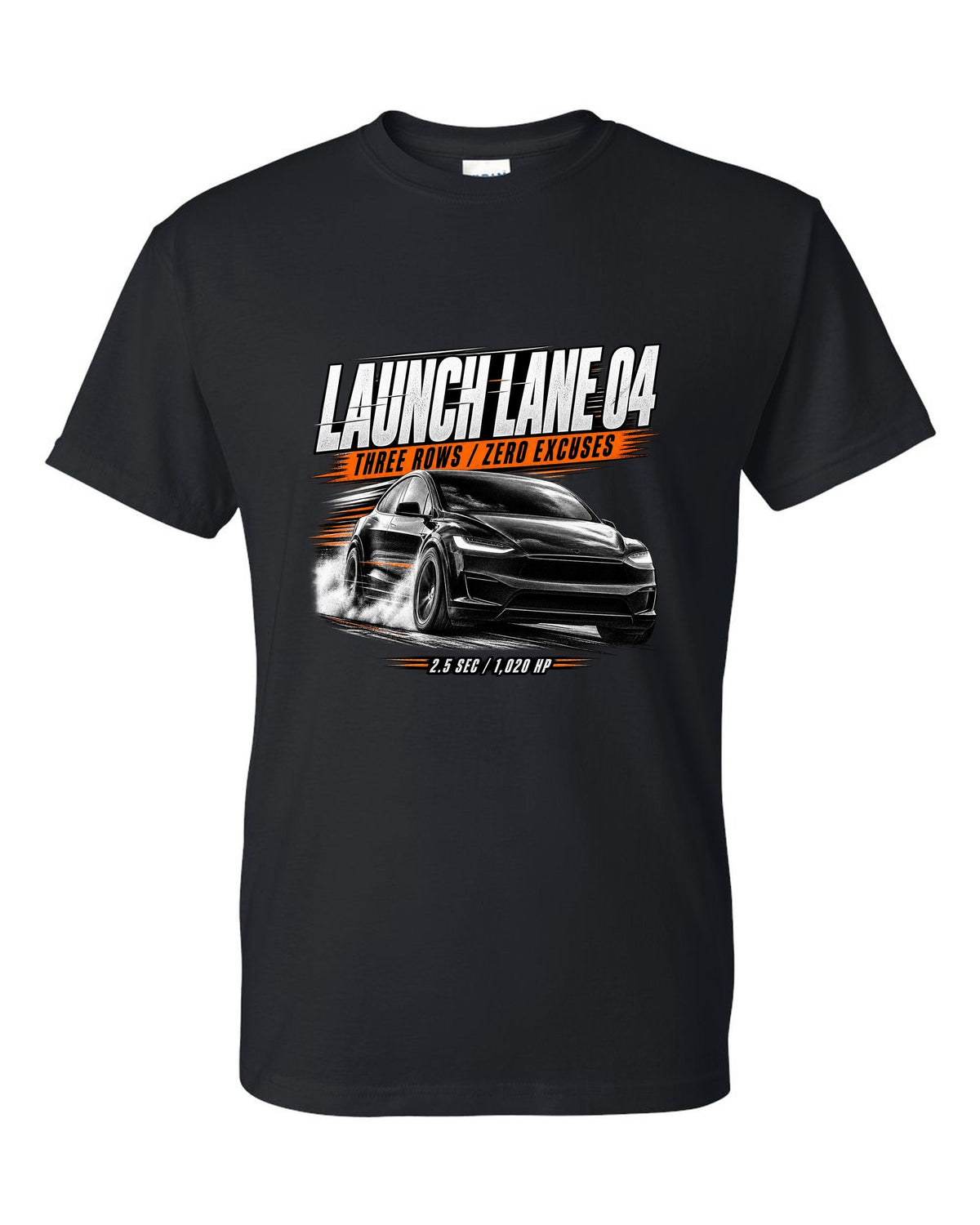 Tesla Model X Plaid front three-quarter launching in a race poster reading Launch Lane 04 black t-shirt front view with the design