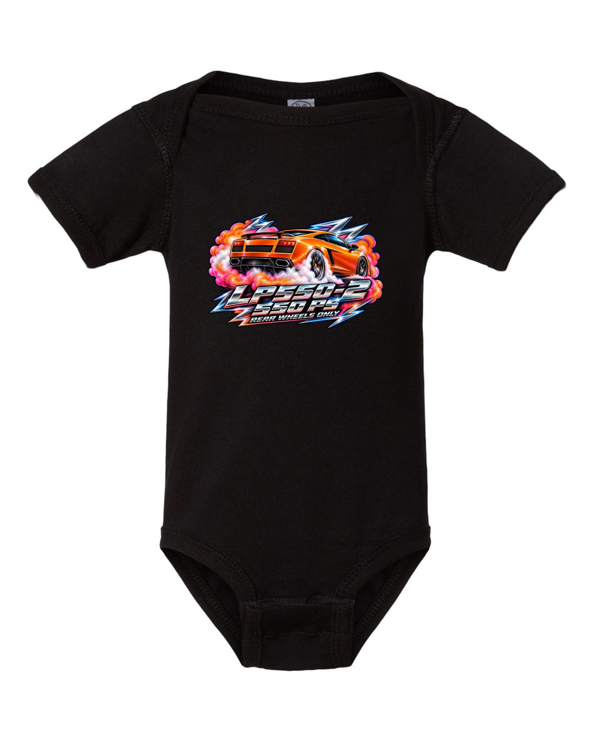 80s airbrush chrome design of a Lamborghini Gallardo LP550-2 with rear wheels only text black baby onesie front view with the design