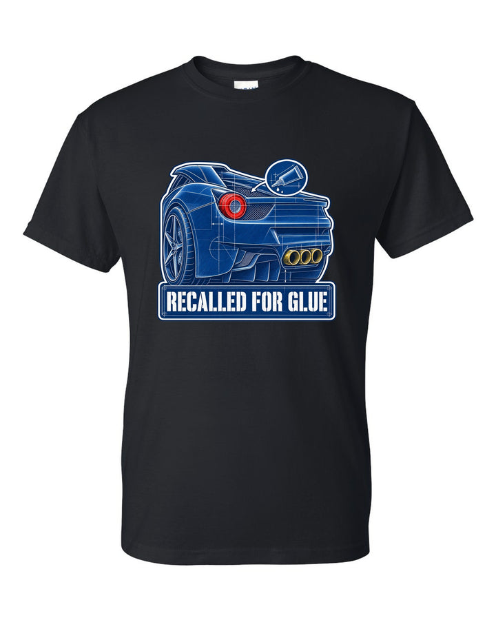 Cyanotype negative blueprint print of the Ferrari 458 Italia tail with the text recalled for glue black t-shirt front view with the design