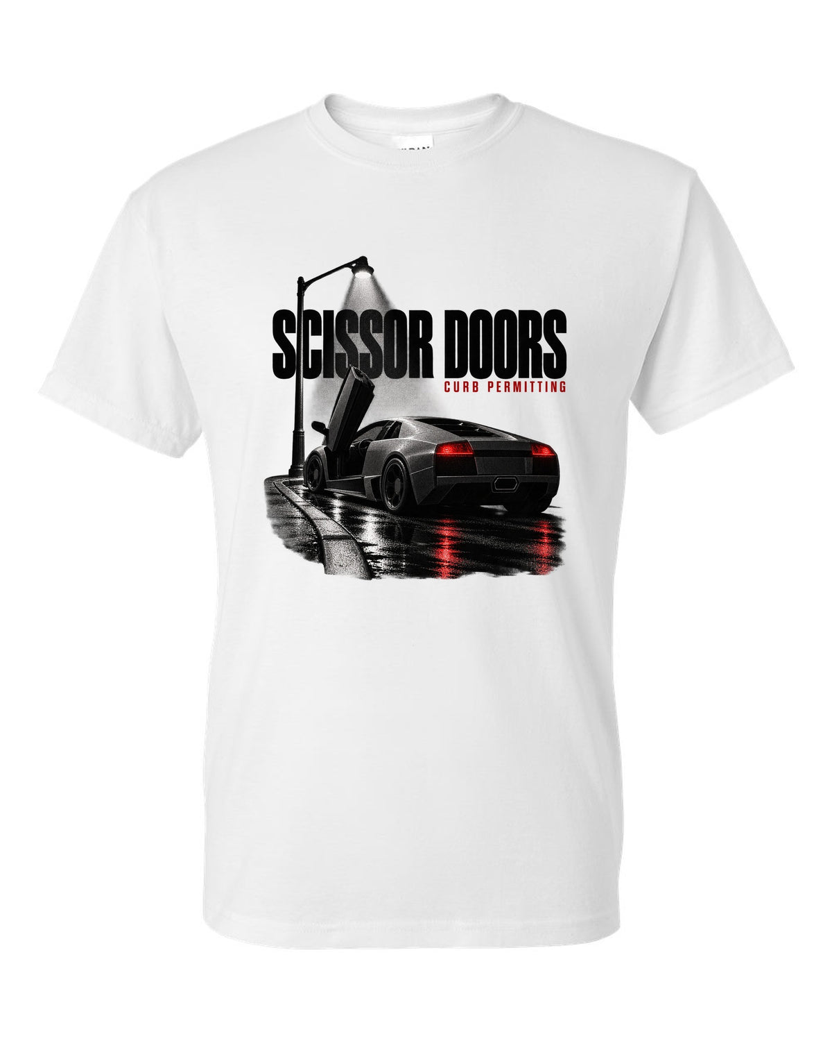 Garage night print of a Lamborghini Murcielago LP640 with scissor doors raised white t-shirt front view with the design