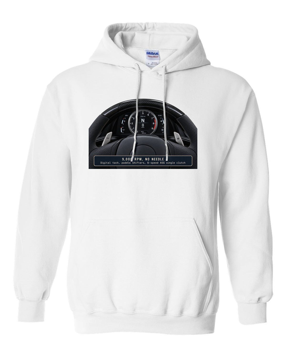 Engine hero print of the Lexus LFA 1LR-GUE 4.8 L V10 white pull over hoodie front view with the design