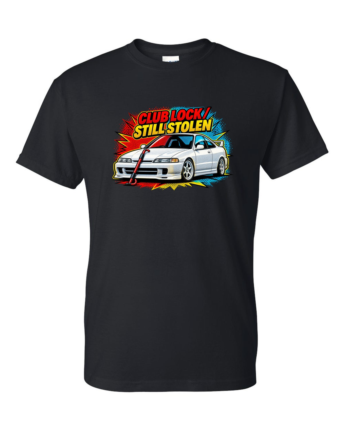 Pop-art halftone split of a 1995 Honda Integra DC2 coupe with Club Lock Still Stolen lettering black t-shirt front view with the design