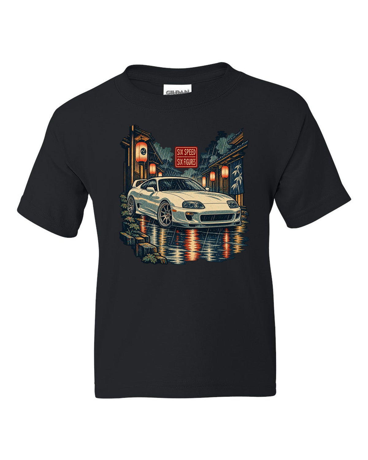 Ukiyo-e woodblock scene of a Toyota Supra A80 JZA80 in lantern rain with six speed six figures text black kids tee front view with the design