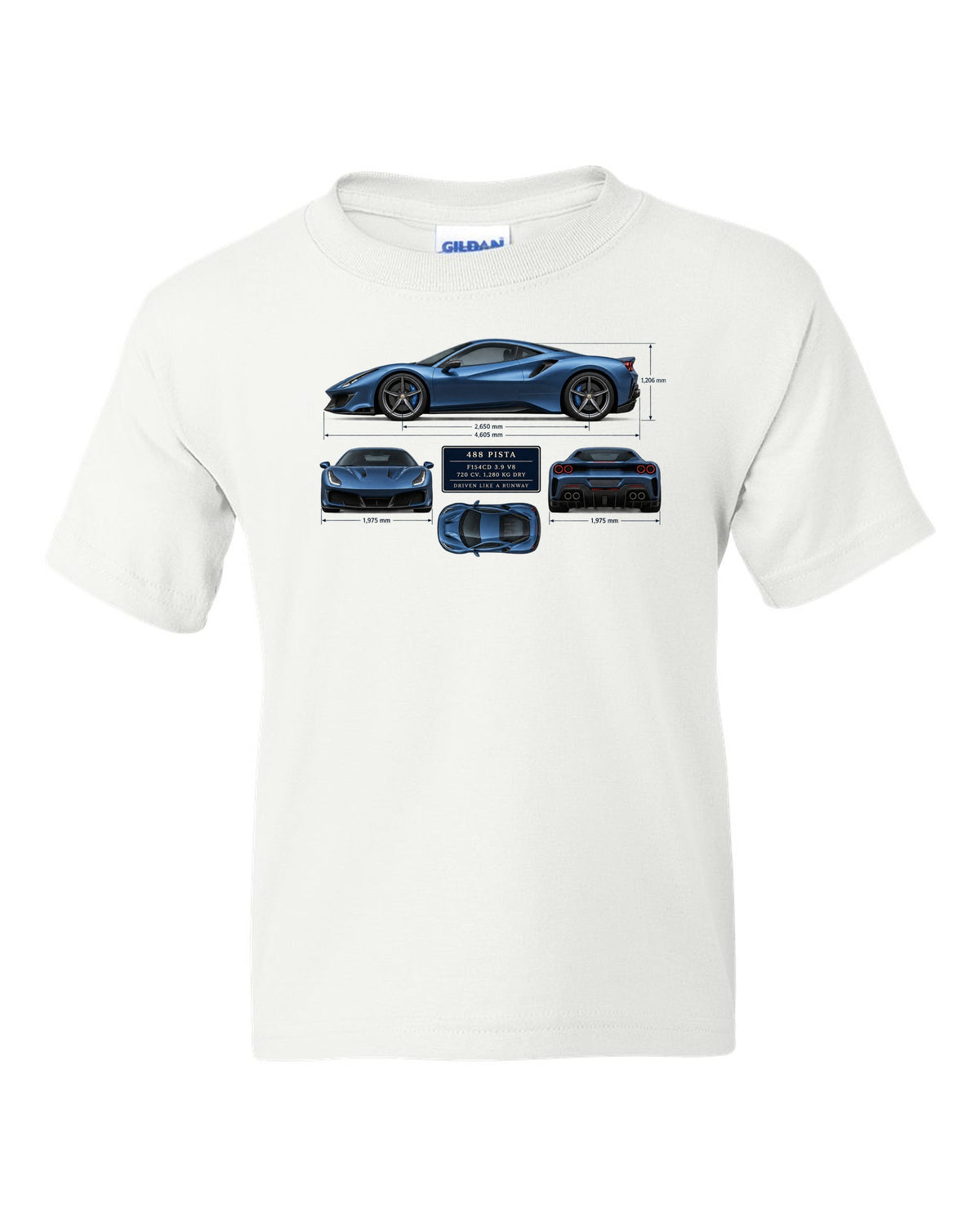 Blueprint print of the Ferrari 488 Pista in steel blue white kids tee front view with the design