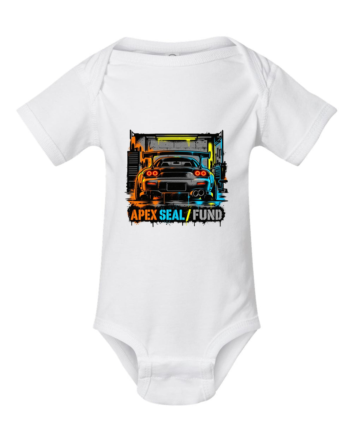 Stencil spray street art print of a Mazda RX-7 FD3S with the text Apex Seal Fund white baby onesie front view with the design