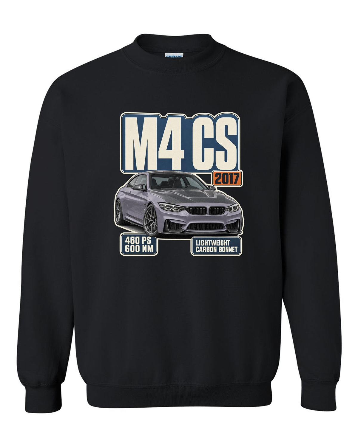 BMW M4 CS F82 editorial headline print design black crewneck front view with the design