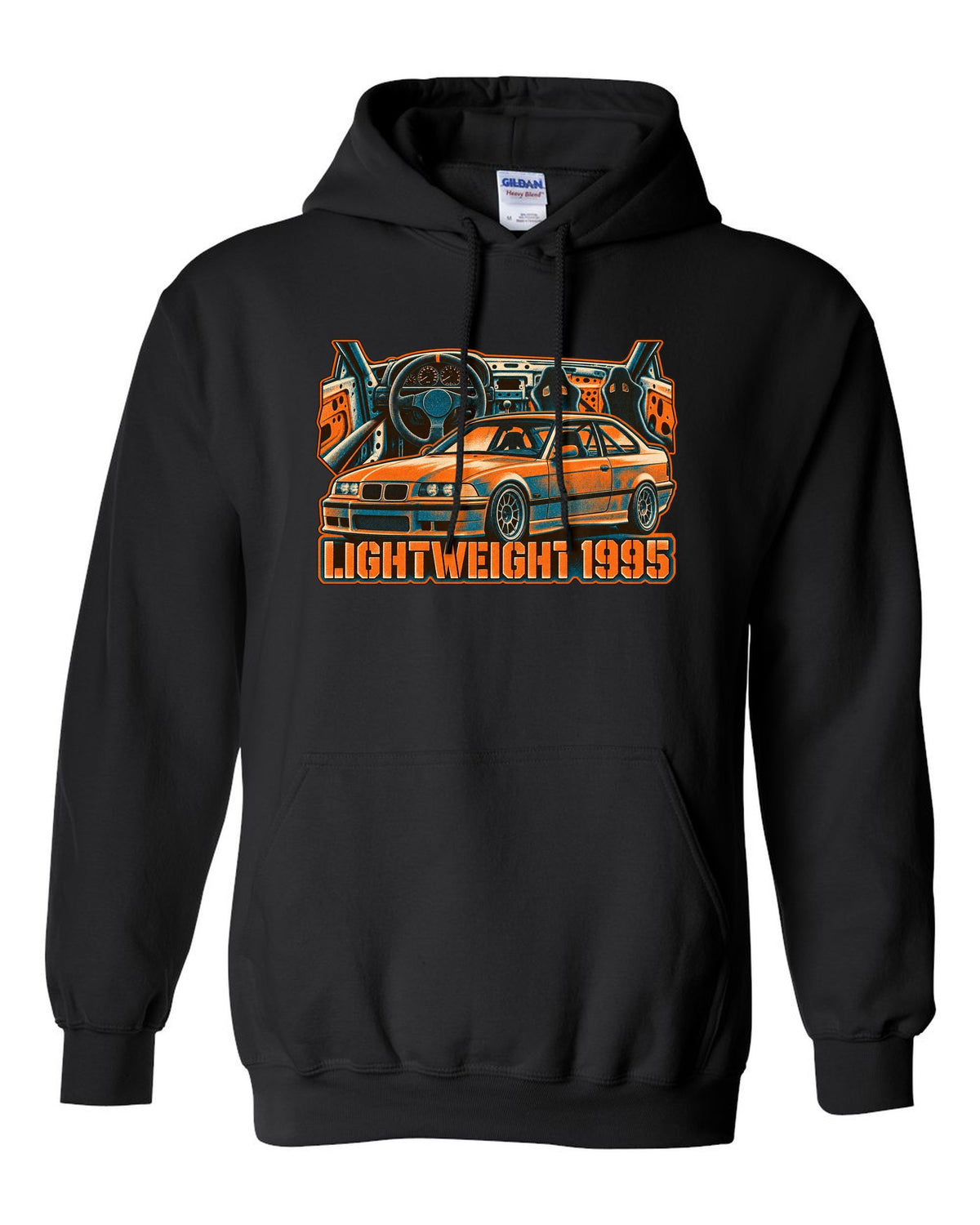 Watercolour wet-road night illustration of a BMW E36 M3 coupe in a garage with coolant flange fund text black pull over hoodie front view with the design