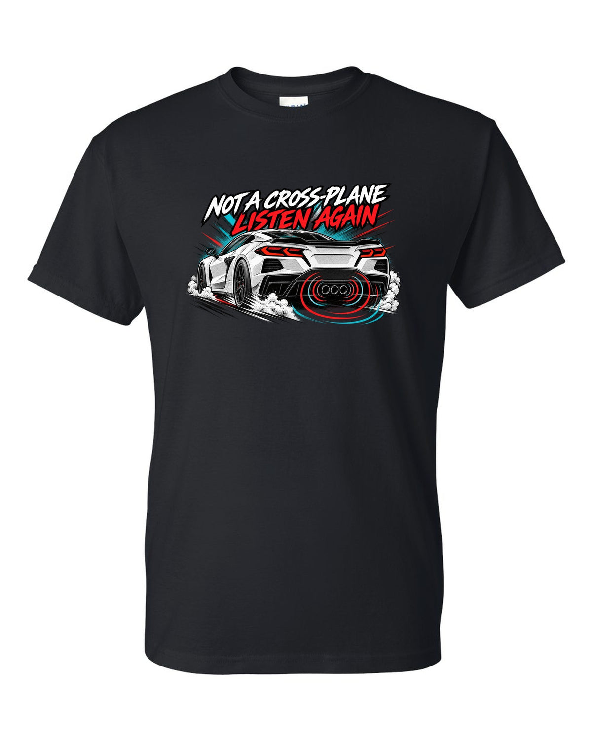 Badge crest design of a 2025 C8 Corvette ZR1 with large fender vents and rear wing black t-shirt front view with the design