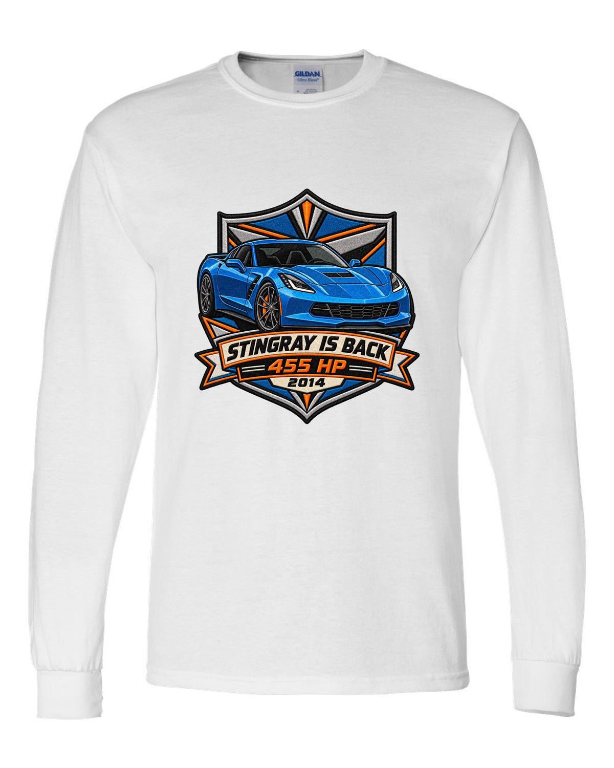 Varsity crest style print of a 2014 Chevrolet Corvette C7 Stingray with 455 HP and gill vent detail white long sleeve front view with the design