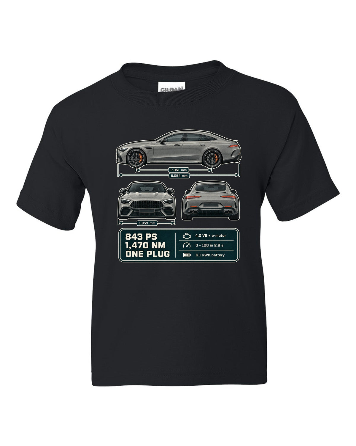 Mercedes-AMG GT 63 S E Performance 4-Door three-view warm grey print black kids tee front view with the design