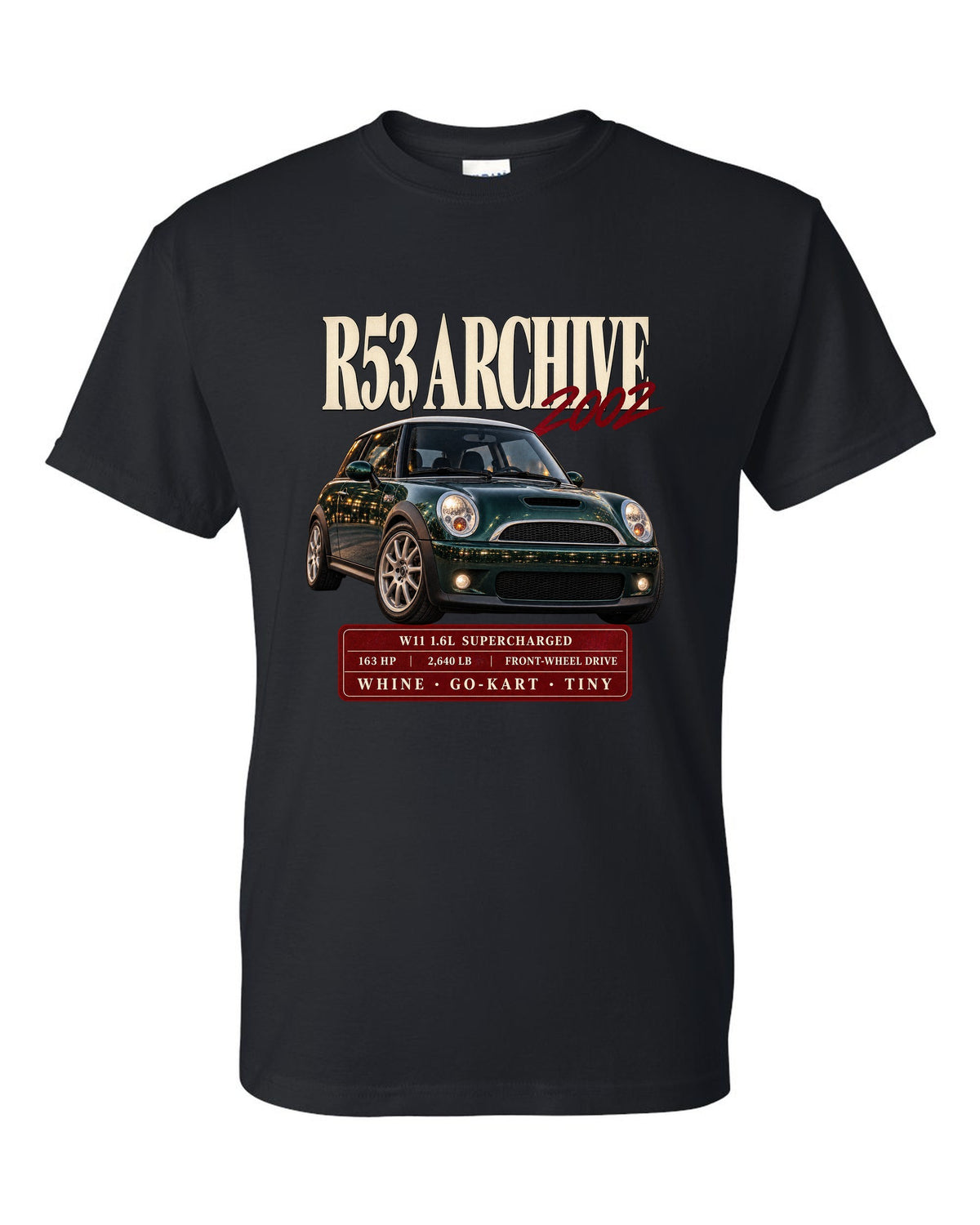 Mini Cooper S R53 archive panel with W11 supercharged engine specs black t-shirt front view with the design