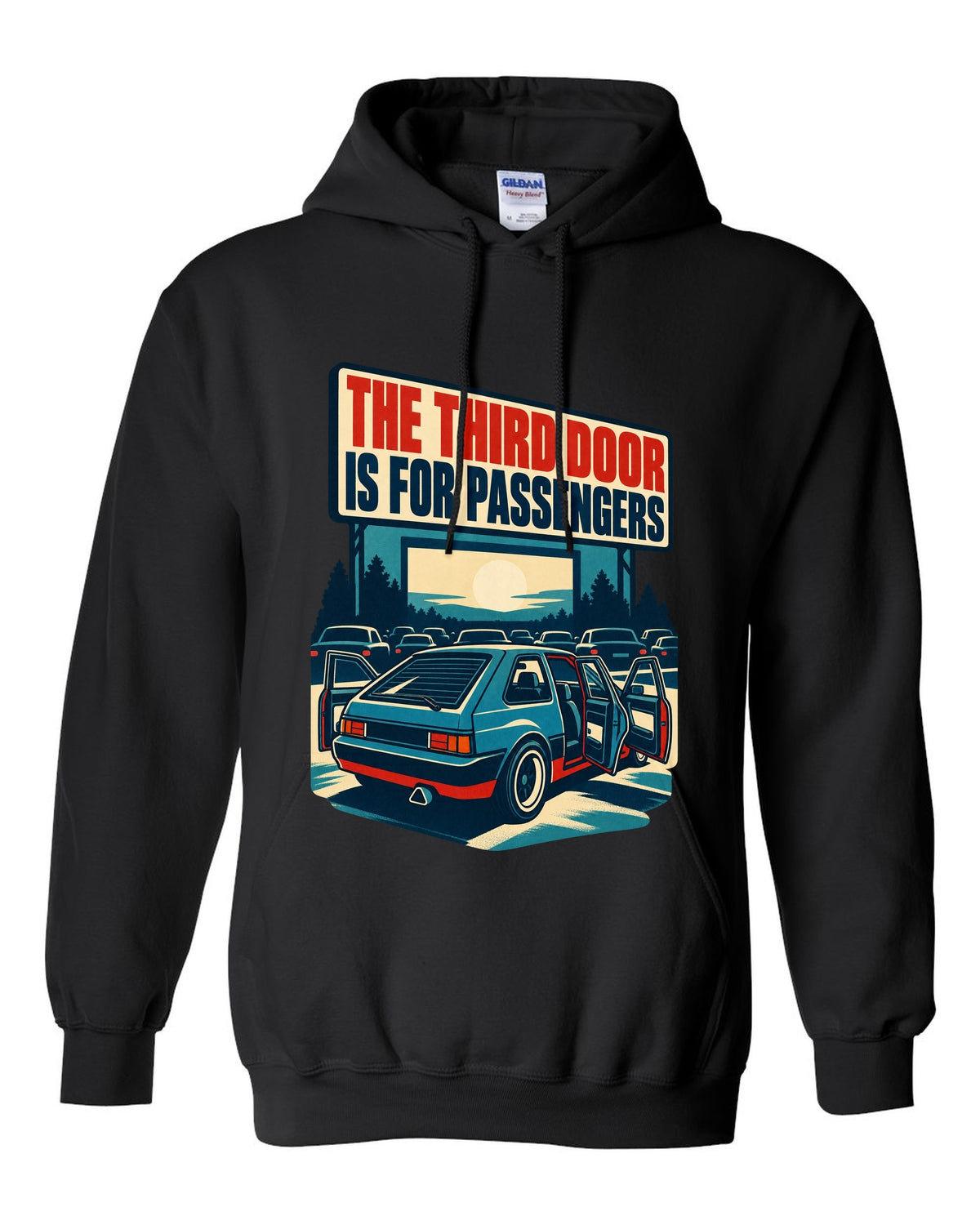 1960s litho race poster print of a Hyundai Veloster N JS with third door text black pull over hoodie front view with the design