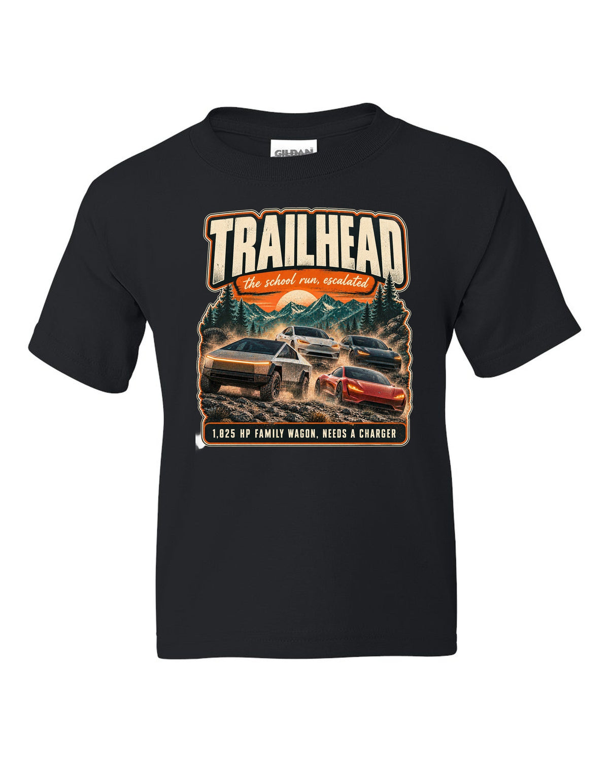 Street poster print of a Rivian R1S with trailhead and horsepower text black kids tee front view with the design