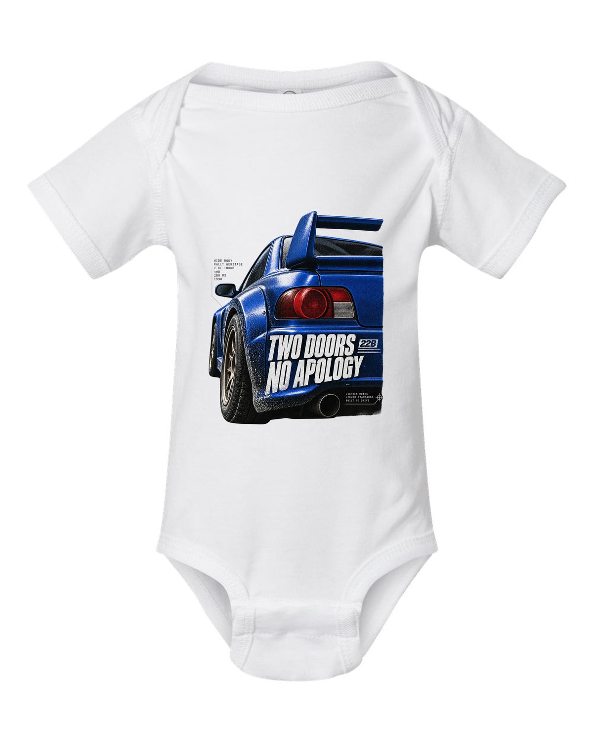 Macro detail of the Subaru Impreza 22B STI rear wing with two doors no apology text white baby onesie front view with the design