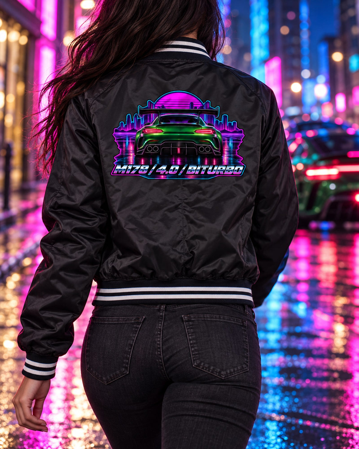 Mercedes AMG GT C190 Engine Bay Cyanotype Blueprint Shirt Bomber Jacket Black worn hero